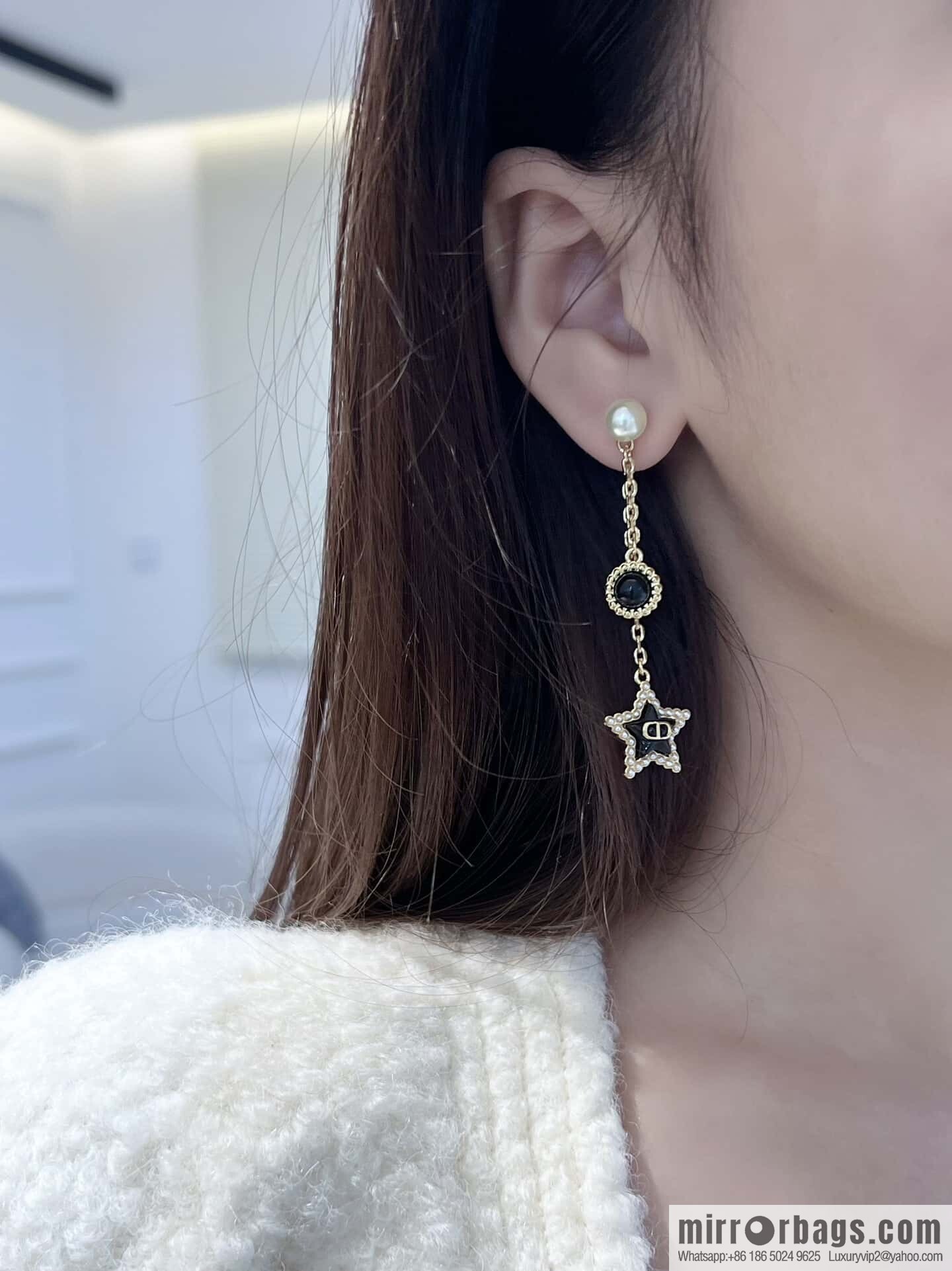 New ☑️ DIOR black star pearl tassel stud earrings