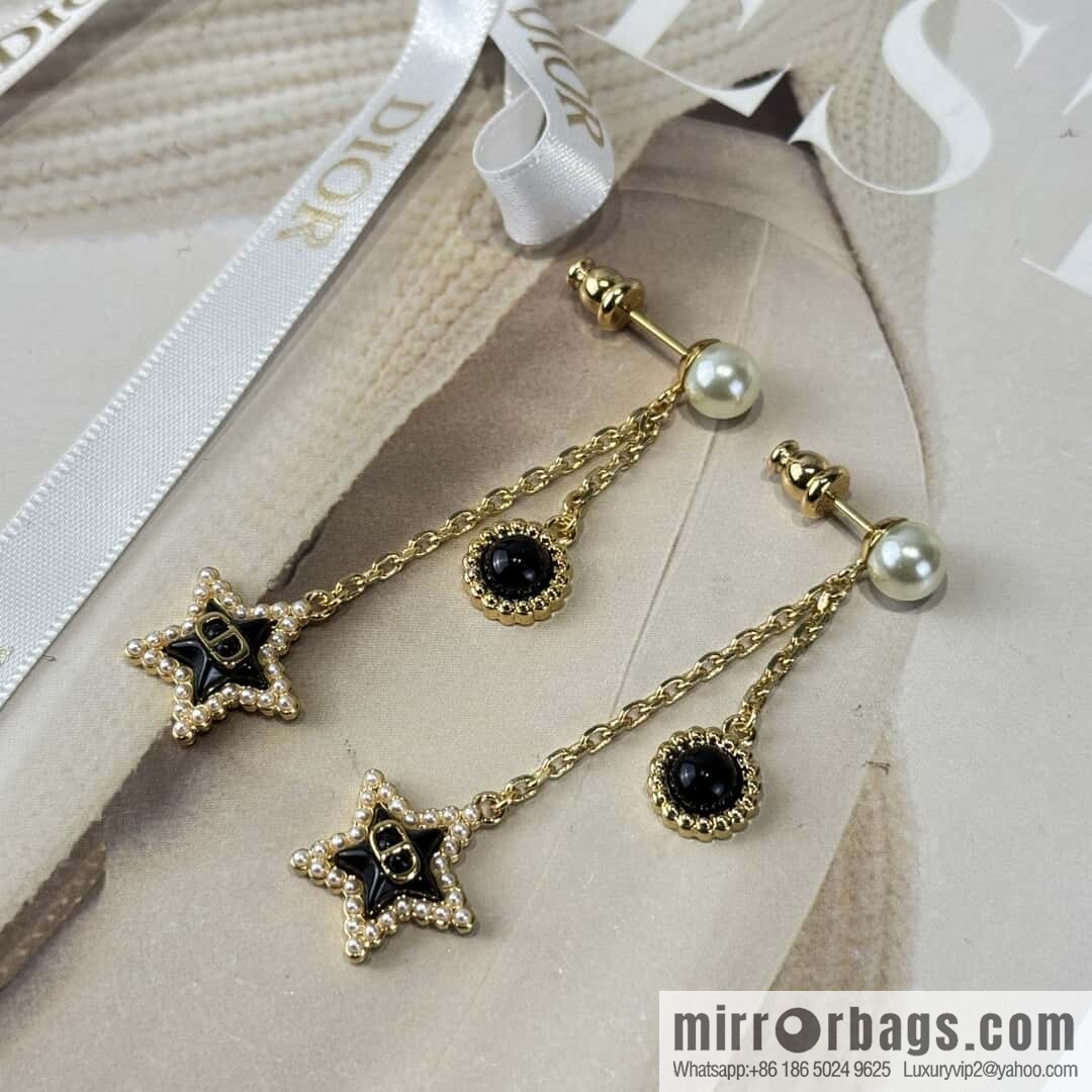 New ☑️ DIOR black star pearl tassel stud earrings
