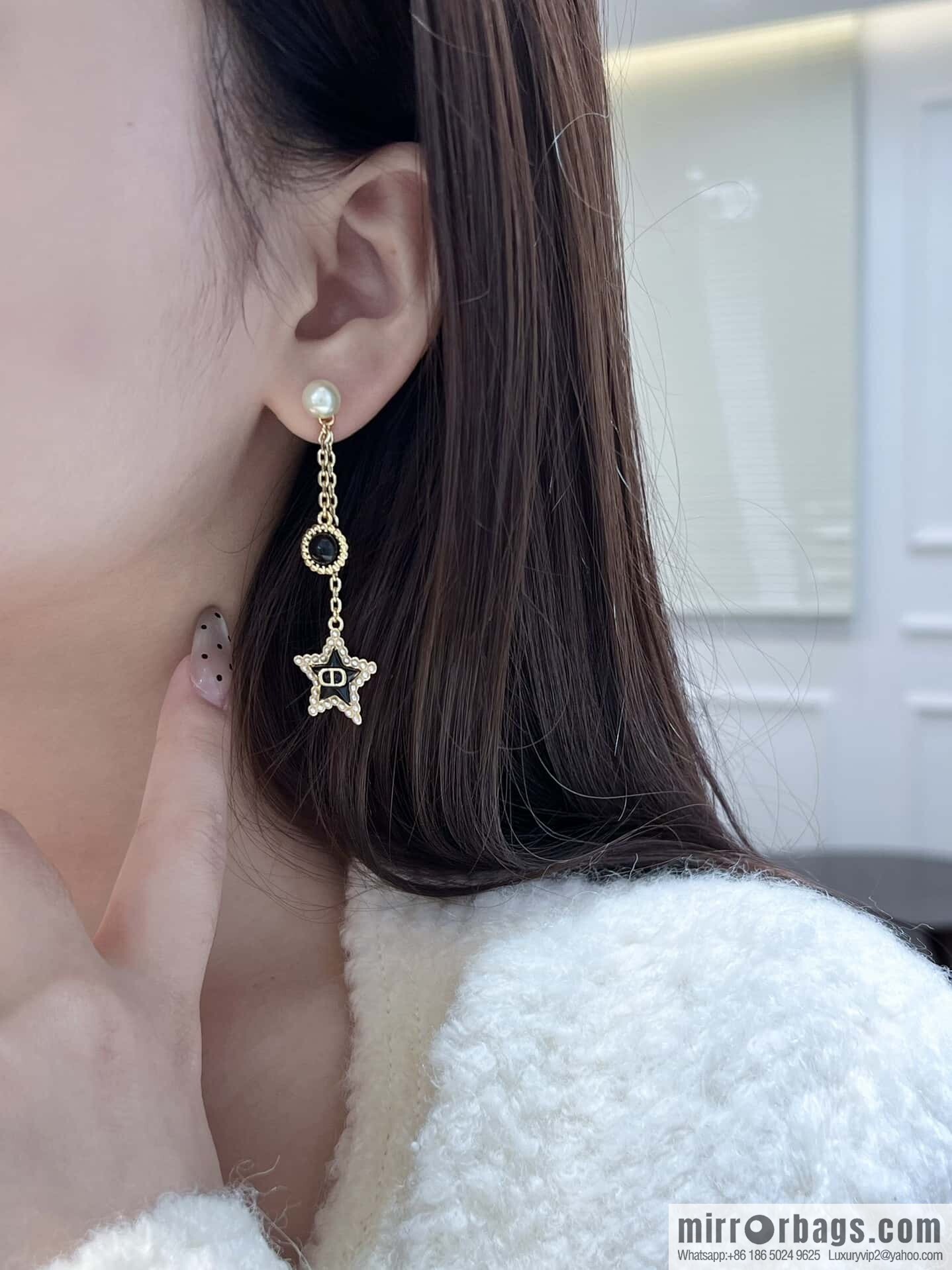 New ☑️ DIOR black star pearl tassel stud earrings
