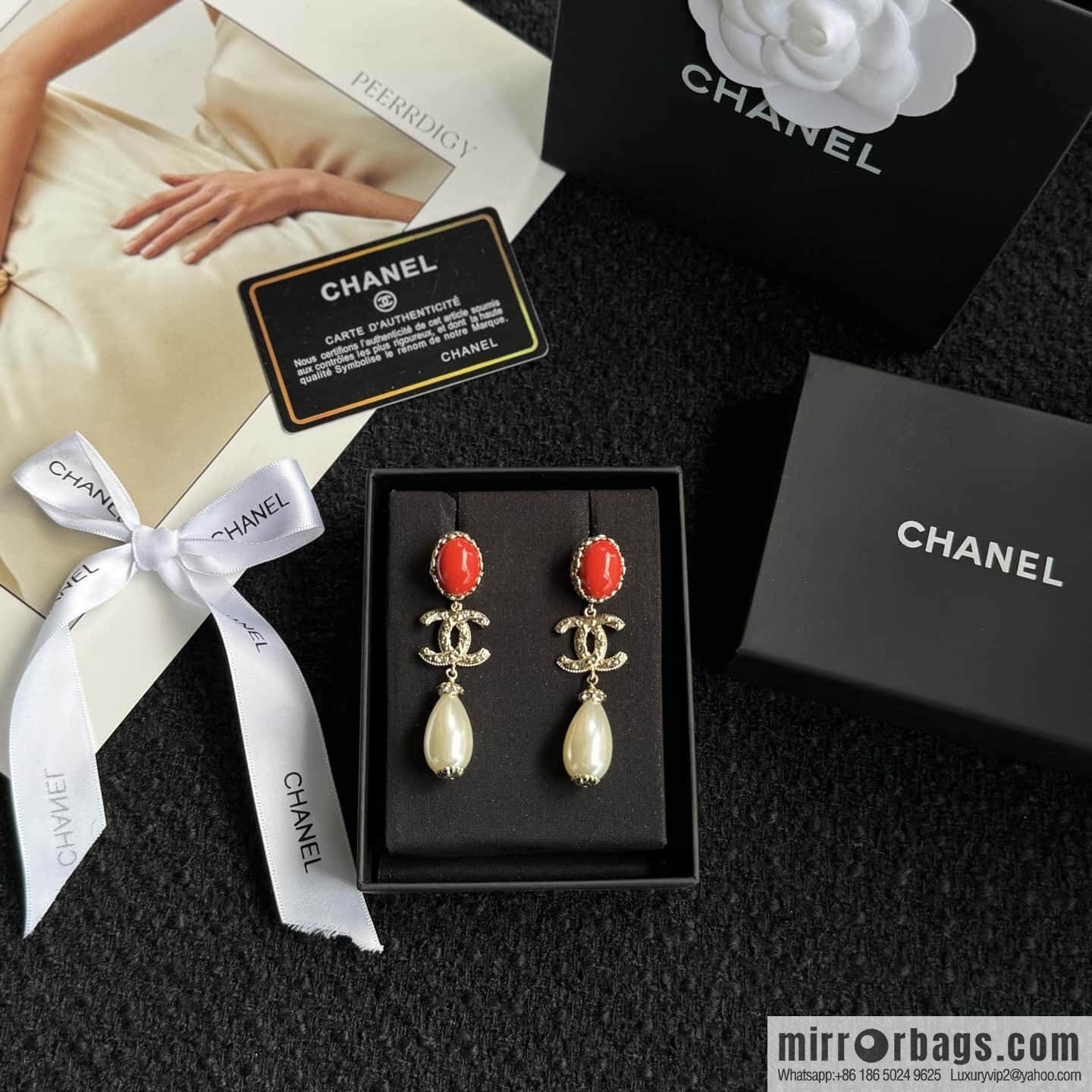 ❗️New ❗️☀️ new ☑️ Chanel c3 double c red pearl stud earrings ☀️