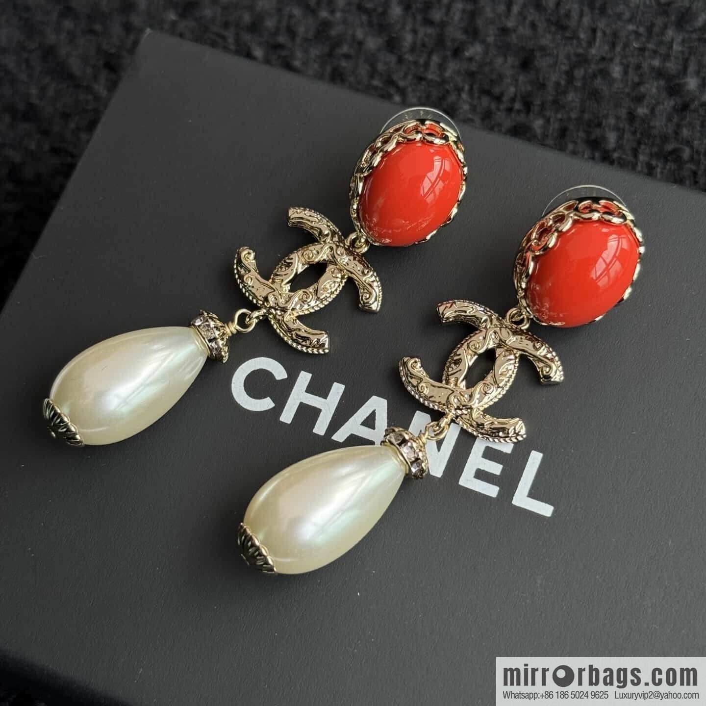 ❗️New ❗️☀️ new ☑️ Chanel c3 double c red pearl stud earrings ☀️