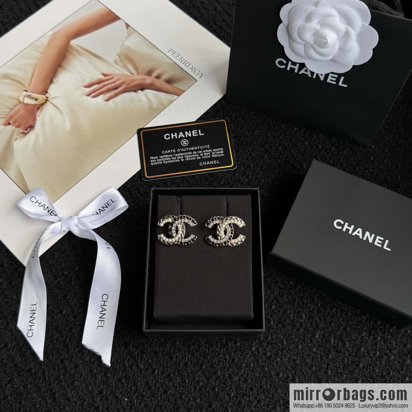 ❗️New ❗️☀️ New ☑️ Chanel c1 double c pearl black leather rope stud earrings ☀️