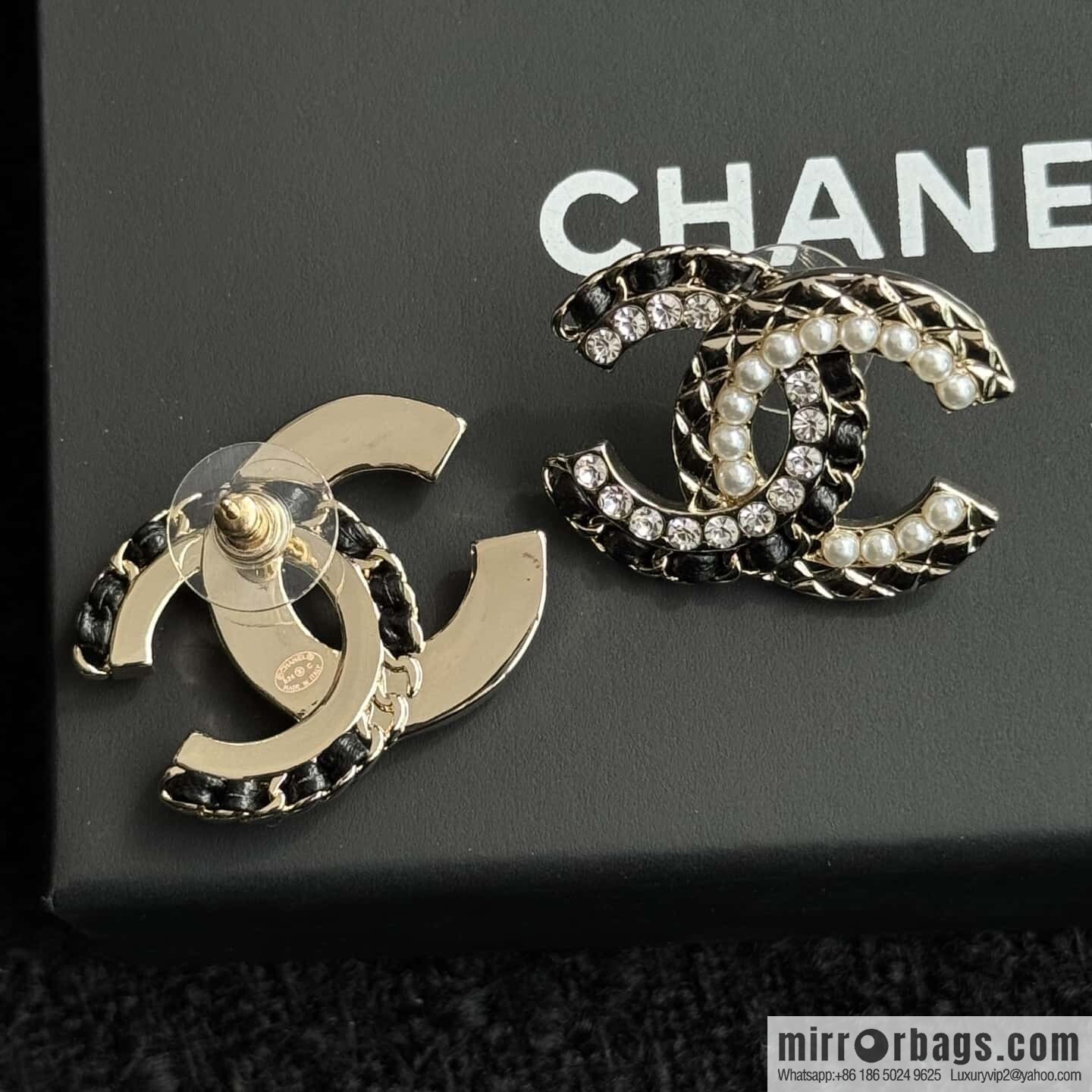 ❗️New ❗️☀️ New ☑️ Chanel c1 double c pearl black leather rope stud earrings ☀️