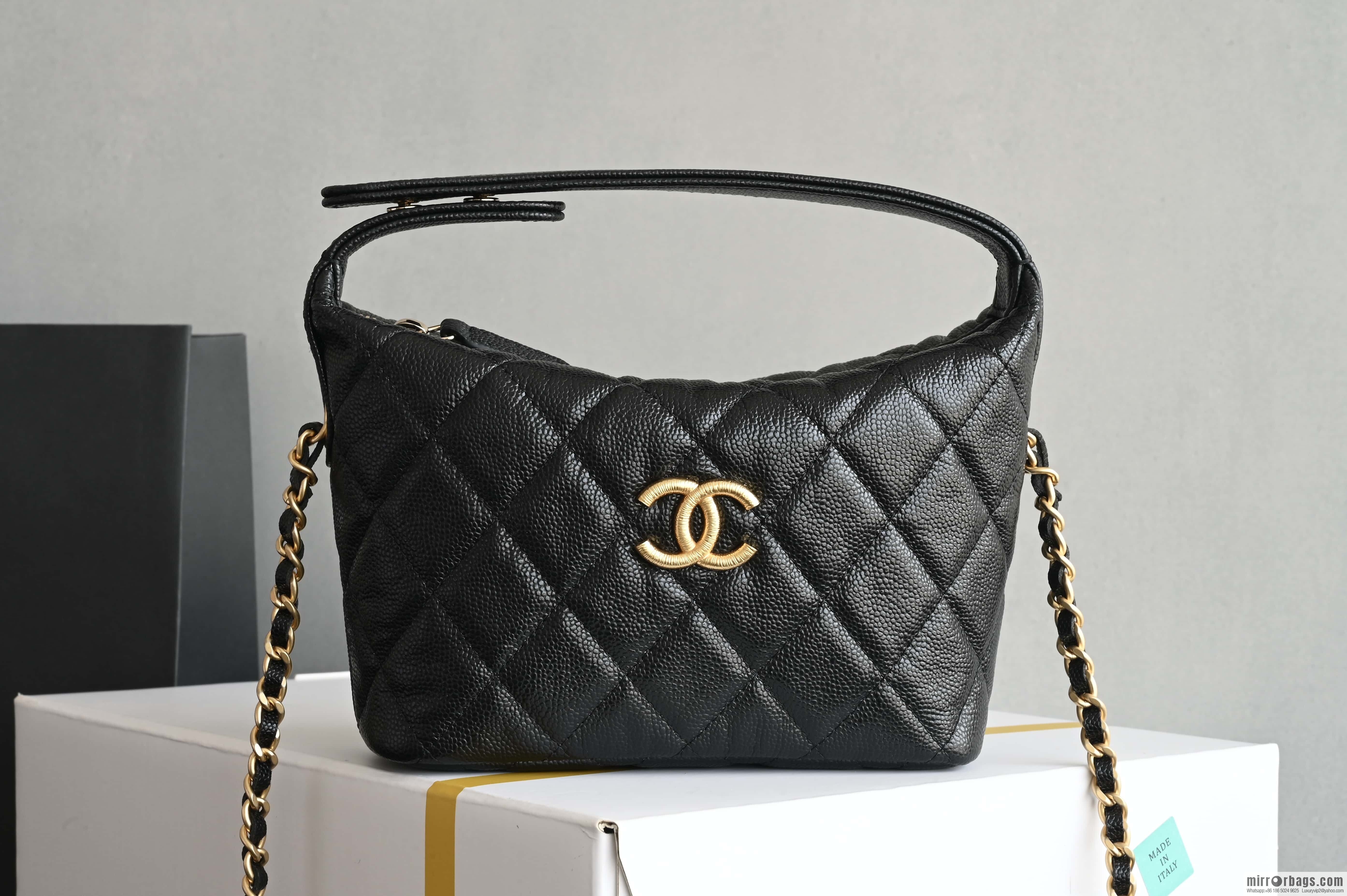 CHANEL brushed big gold buckle portable lunch box bag AP4484 black