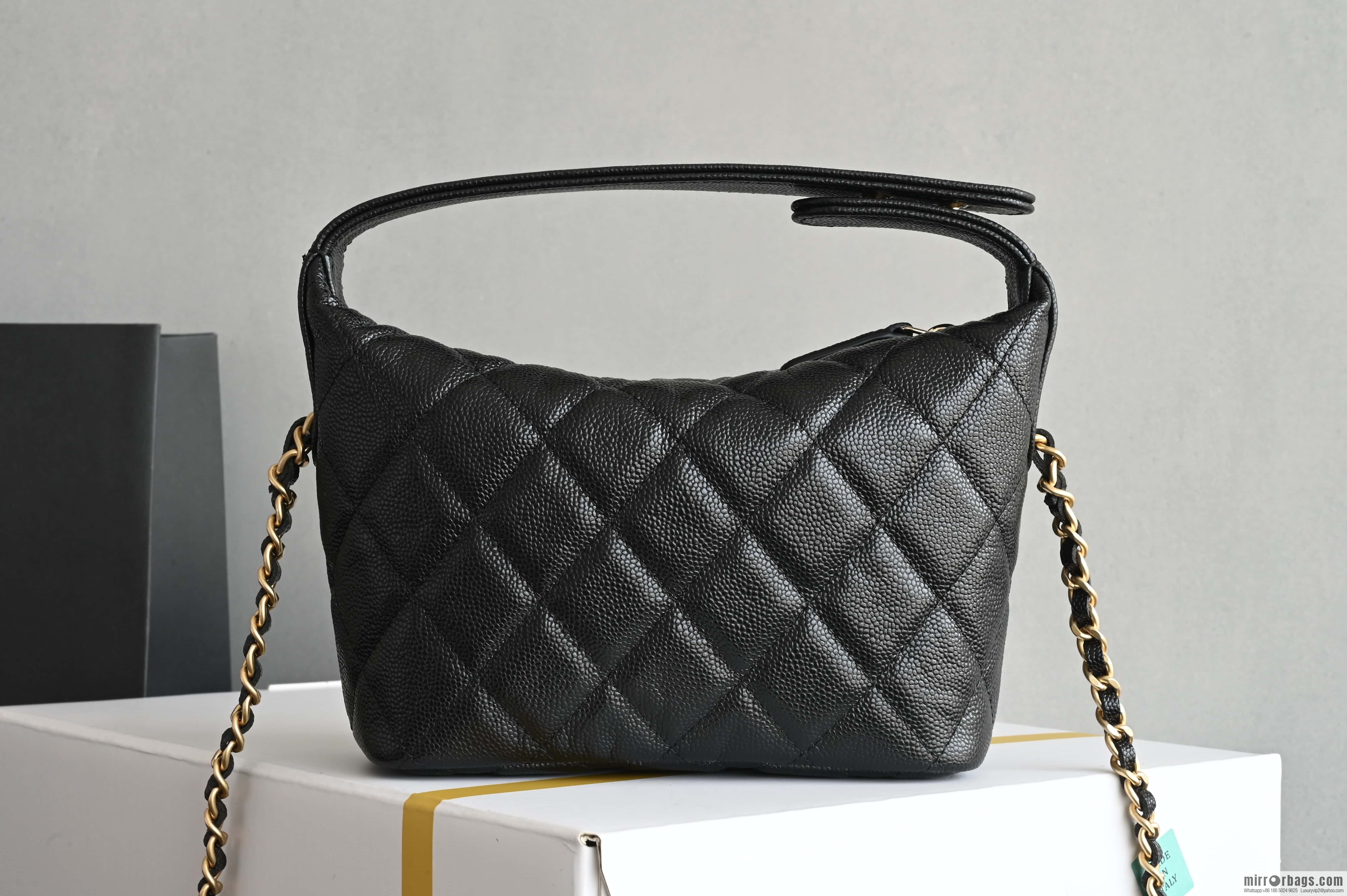 CHANEL brushed big gold buckle portable lunch box bag AP4484 black