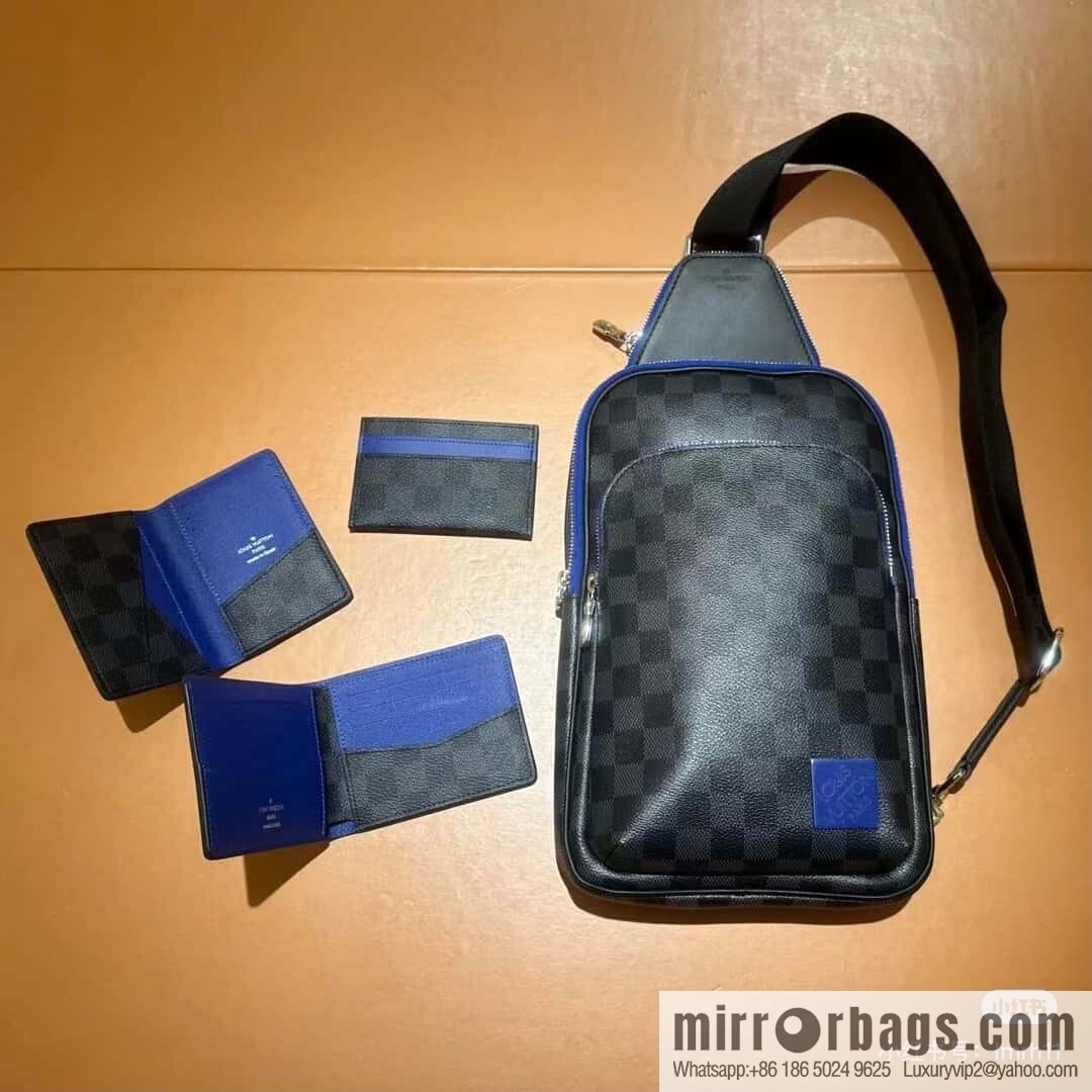 [Boutique‑grade] N00086 black grid blue label, men's bag, breast bag, shoulder bag AVENUE shoulder bag