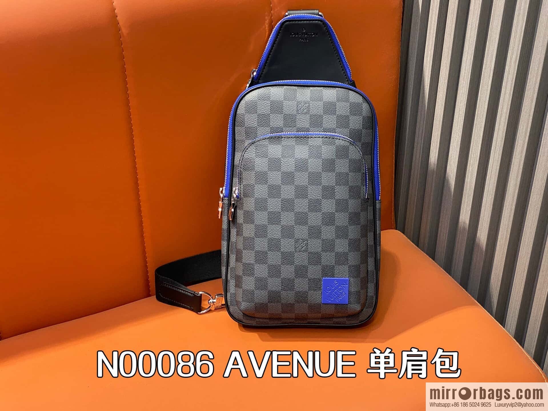 [Boutique‑grade] N00086 black grid blue label, men's bag, breast bag, shoulder bag AVENUE shoulder bag