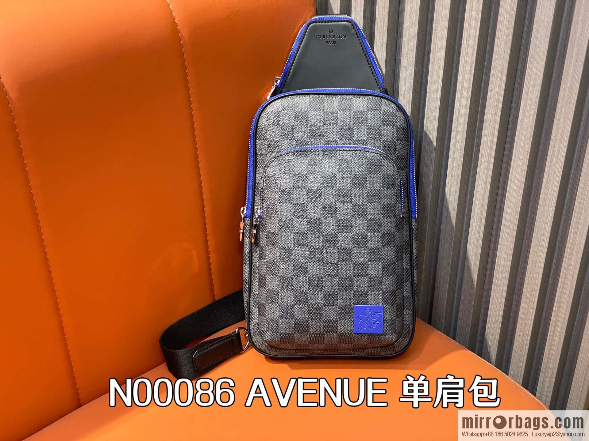 [Boutique‑grade] N00086 black grid blue label, men's bag, breast bag, shoulder bag AVENUE shoulder bag