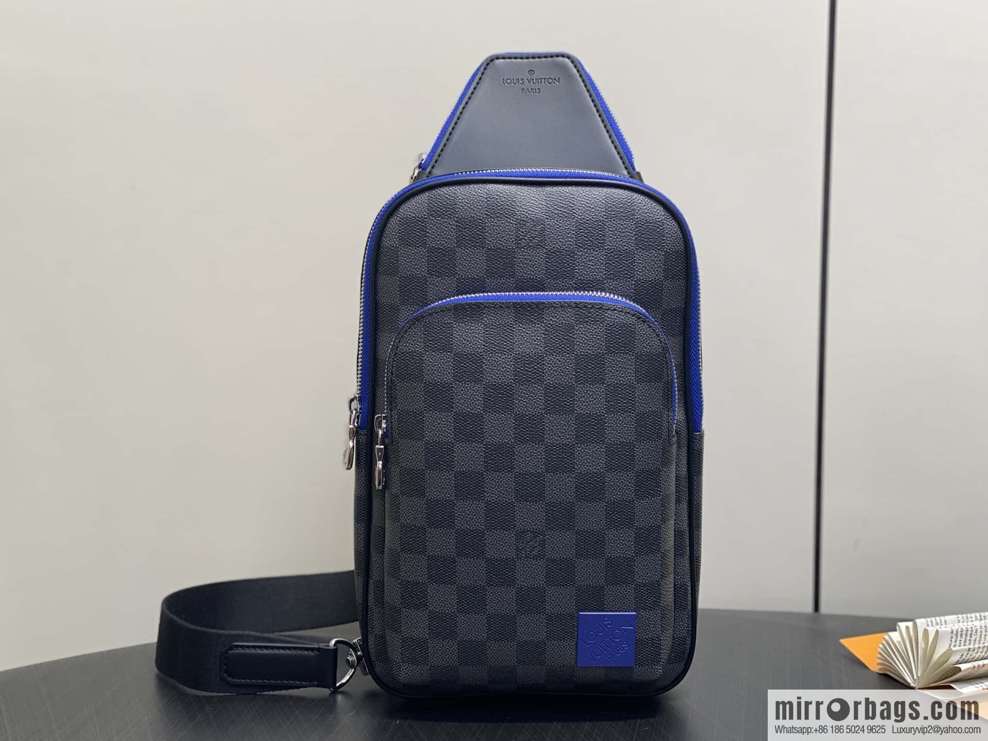 [Boutique‑grade] N00086 black grid blue label, men's bag, breast bag, shoulder bag AVENUE shoulder bag
