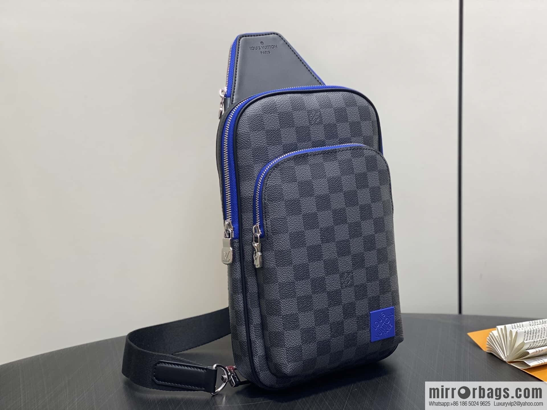 [Boutique‑grade] N00086 black grid blue label, men's bag, breast bag, shoulder bag AVENUE shoulder bag