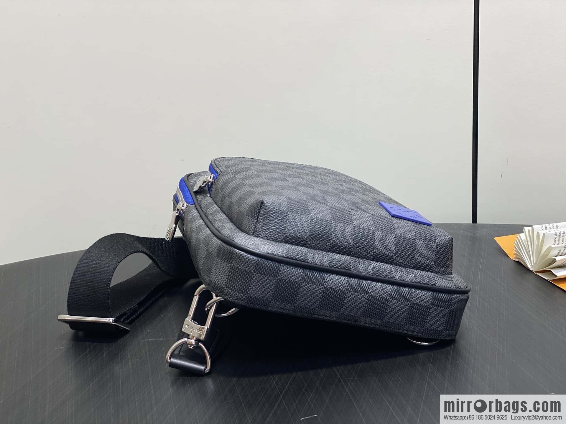[Boutique‑grade] N00086 black grid blue label, men's bag, breast bag, shoulder bag AVENUE shoulder bag