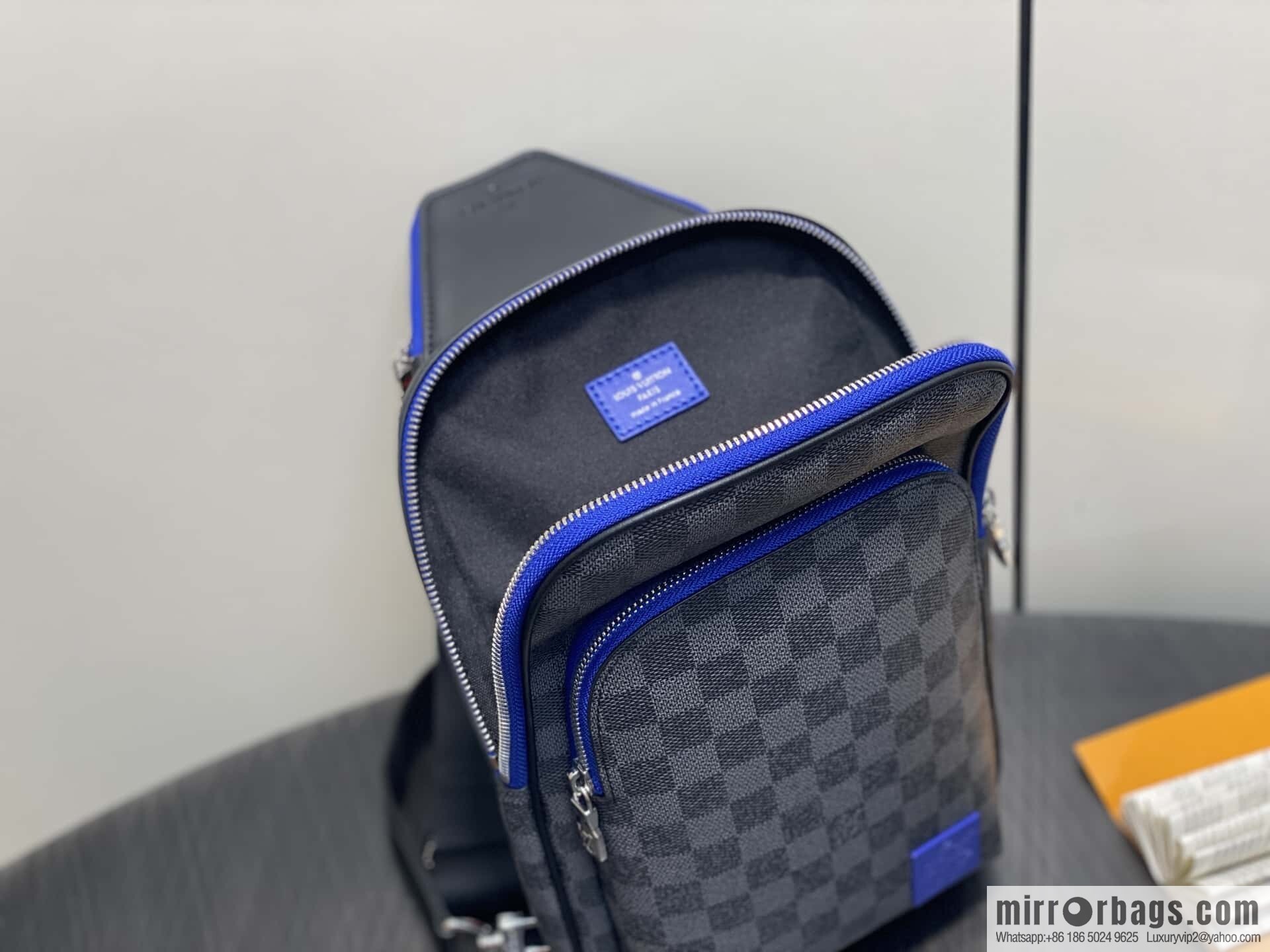 [Boutique‑grade] N00086 black grid blue label, men's bag, breast bag, shoulder bag AVENUE shoulder bag