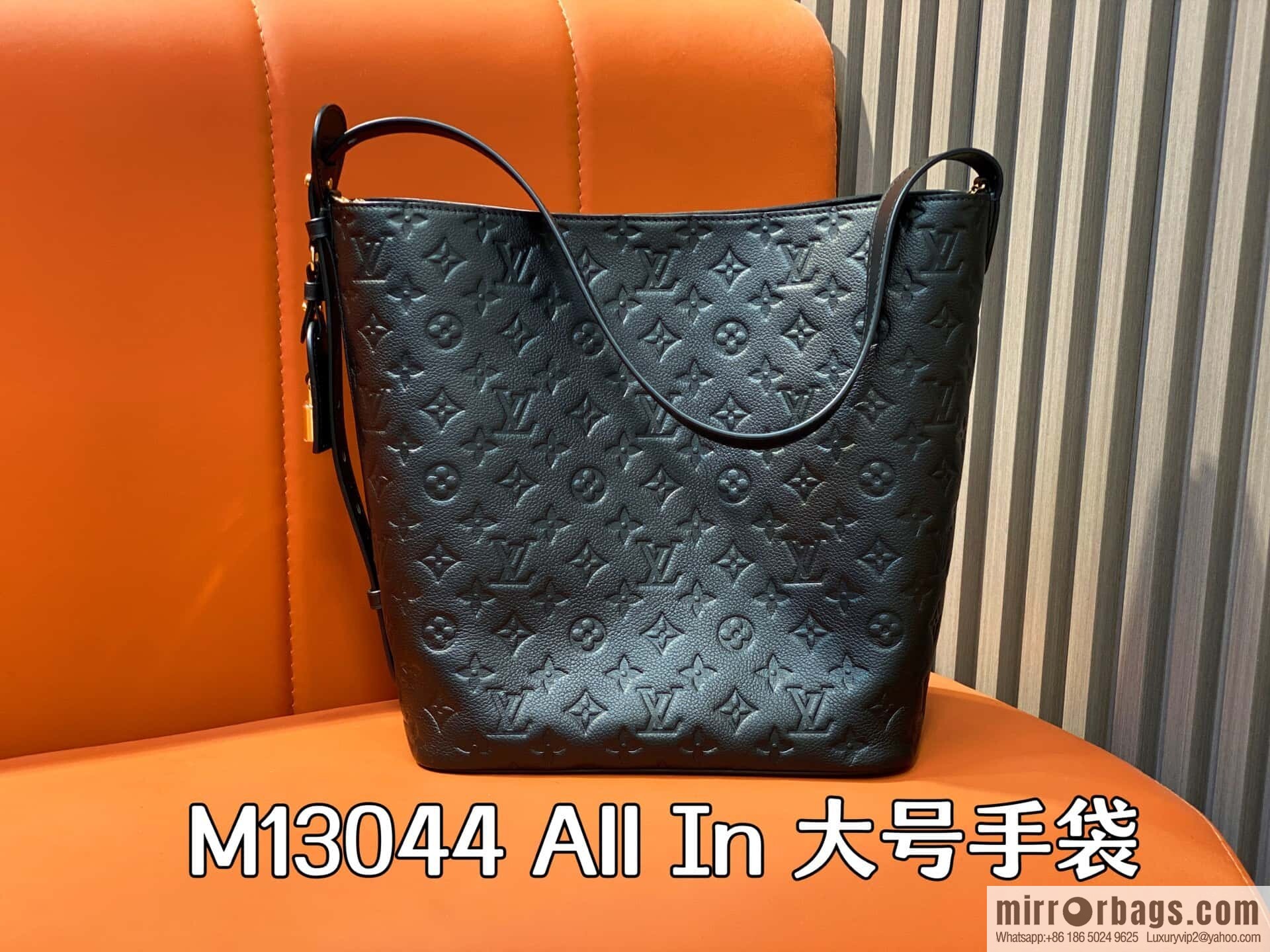 [Boutique‑grade] M13044 black, full leather embossed bucket bag All In large handbag, this All In large handbag