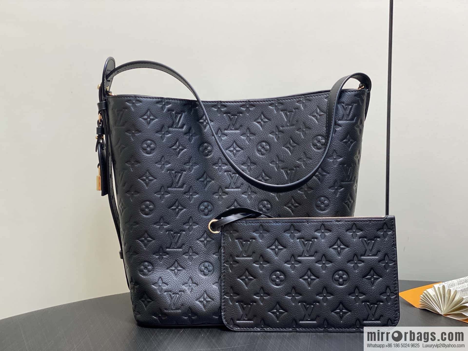 [Boutique‑grade] M13044 black, full leather embossed bucket bag All In large handbag, this All In large handbag