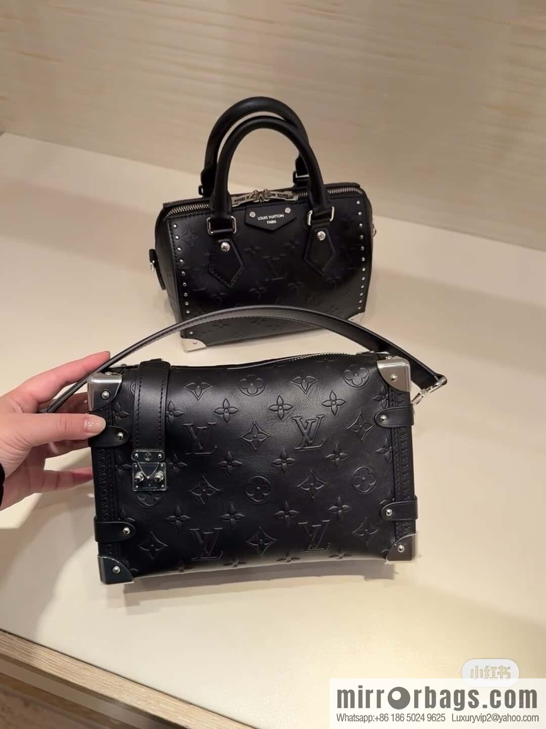 [Boutique‑grade] M14572 black full leather, soft box bag box Petite Malle handbag