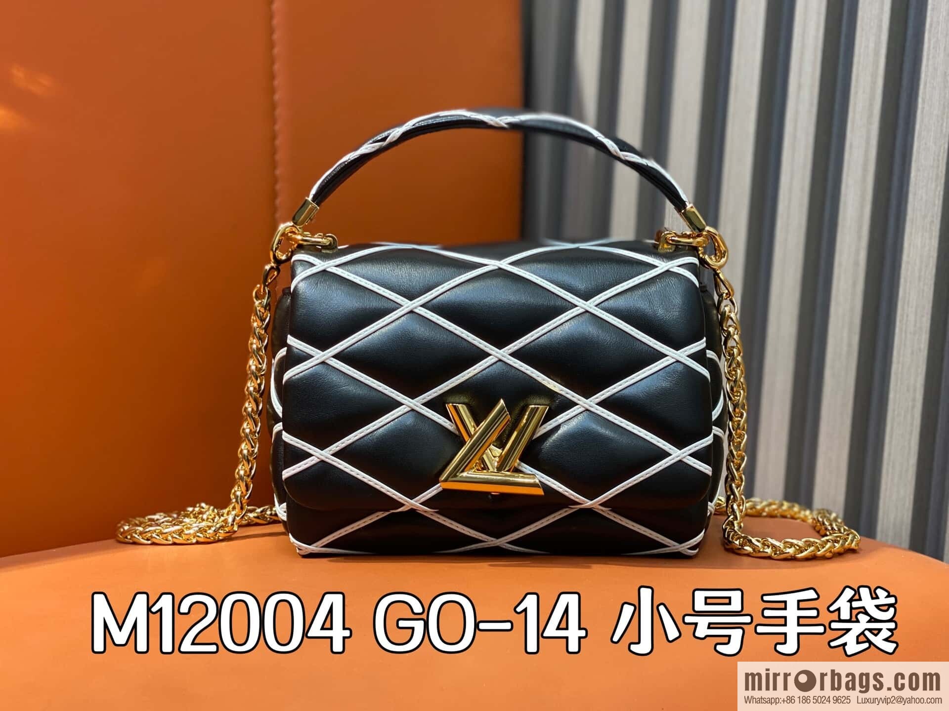 [Boutique‑grade] M12004 black and white full leather, chain bag diamond Twist GO-14 small handbag