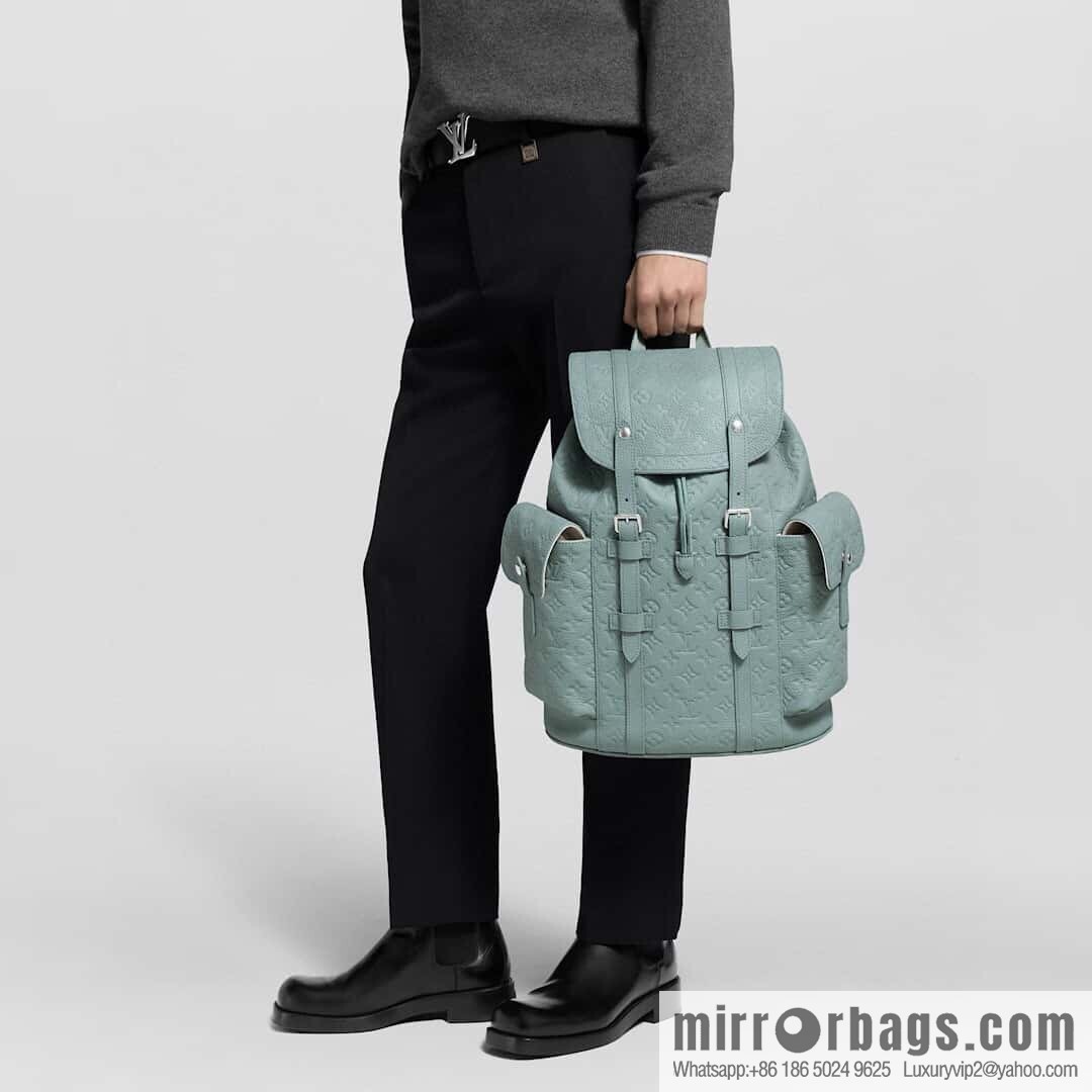[Boutique‑grade] M13863 gray-green, full leather embossed backpack Christopher MM backpack