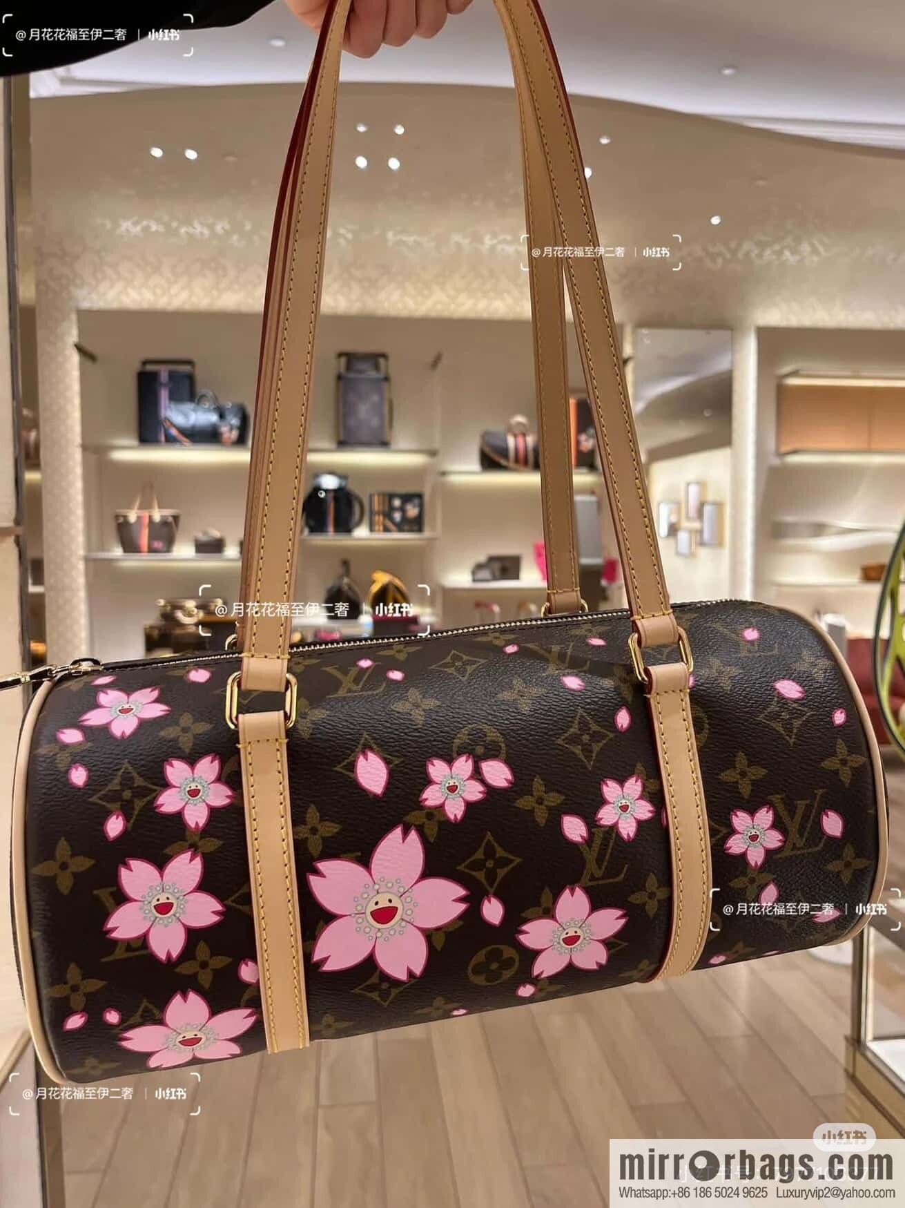[Boutique‑grade] M13097 old flower, cherry blossom silk screen printed Babylon round drum bag LVXTM PAPILLON handbag