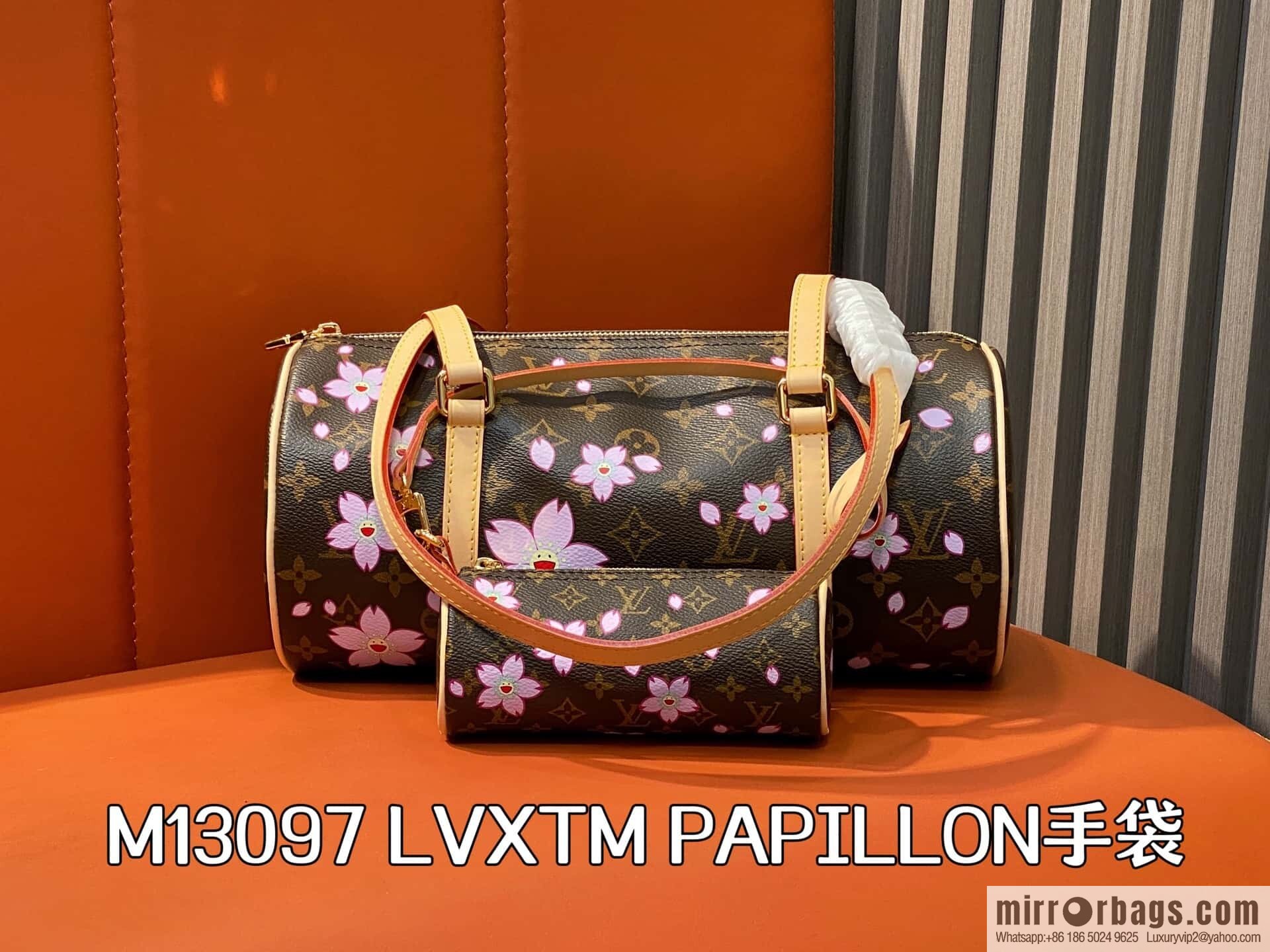 [Boutique‑grade] M13097 old flower, cherry blossom silk screen printed Babylon round drum bag LVXTM PAPILLON handbag