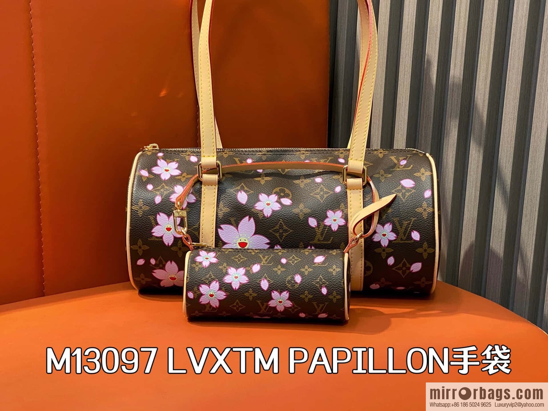 [Boutique‑grade] M13097 old flower, cherry blossom silk screen printed Babylon round drum bag LVXTM PAPILLON handbag