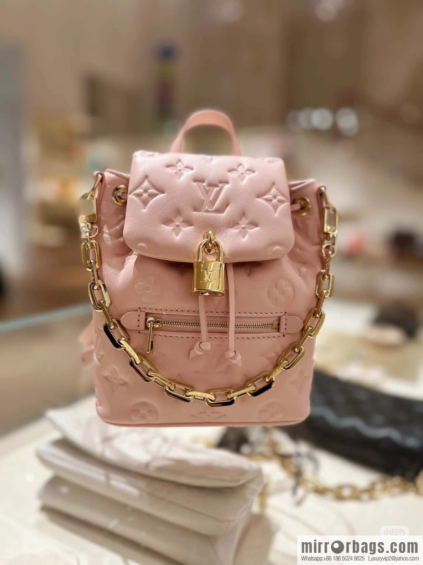 [Boutique‑grade] M13389 pink full leather embossed backpack COUSSIN BACKPACK mini handbag