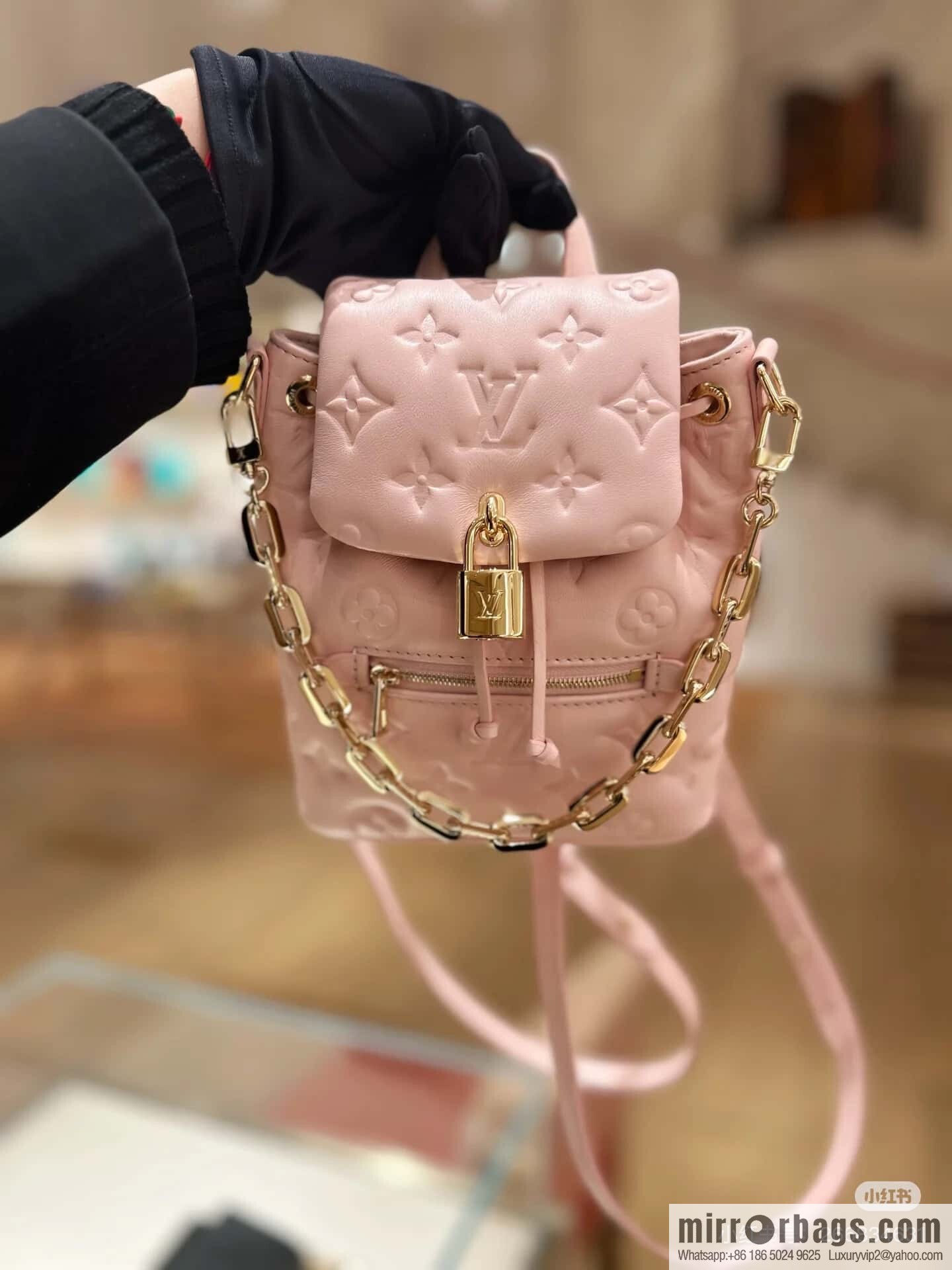 [Boutique‑grade] M13389 pink full leather embossed backpack COUSSIN BACKPACK mini handbag