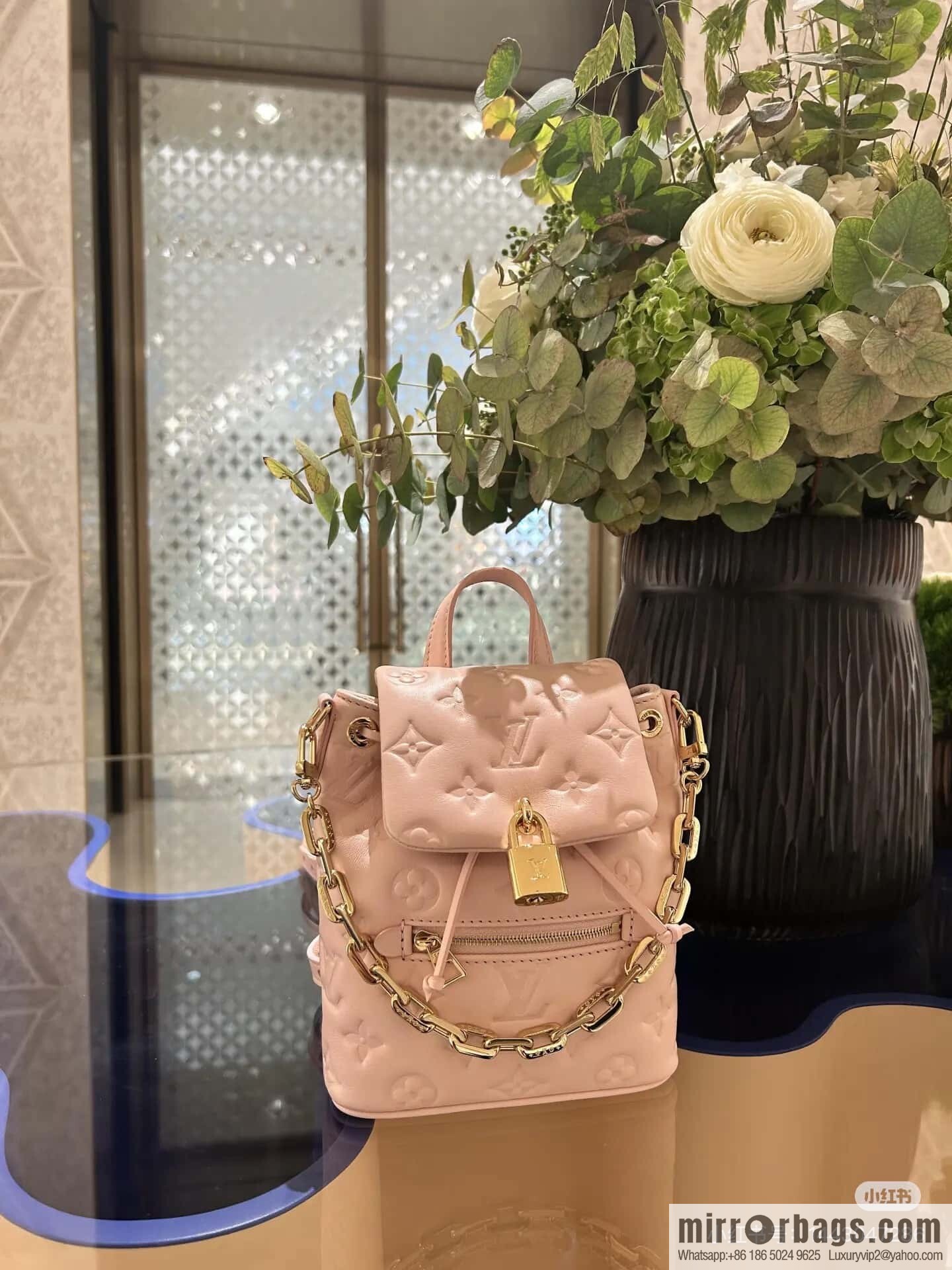 [Boutique‑grade] M13389 pink full leather embossed backpack COUSSIN BACKPACK mini handbag