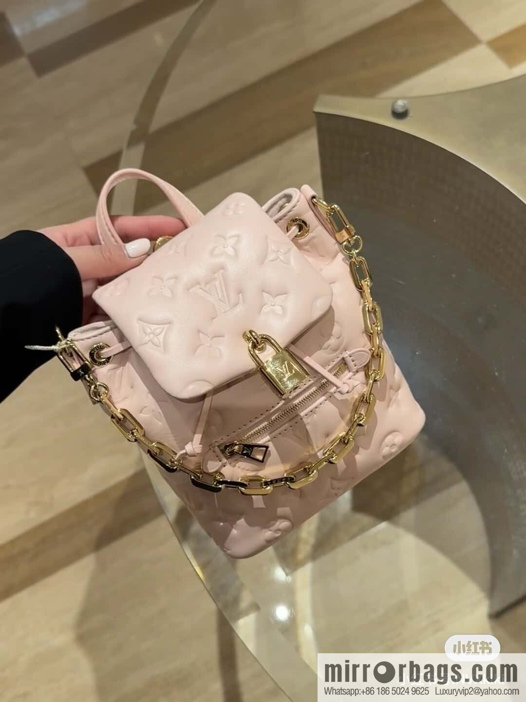 [Boutique‑grade] M13389 pink full leather embossed backpack COUSSIN BACKPACK mini handbag