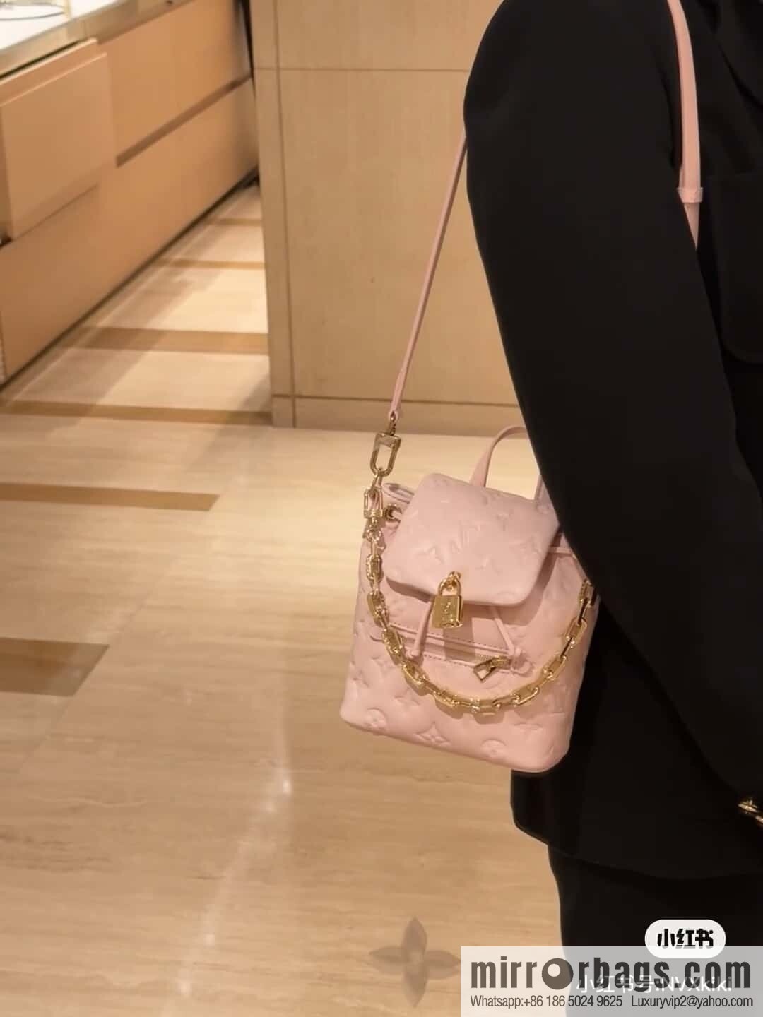 [Boutique‑grade] M13389 pink full leather embossed backpack COUSSIN BACKPACK mini handbag