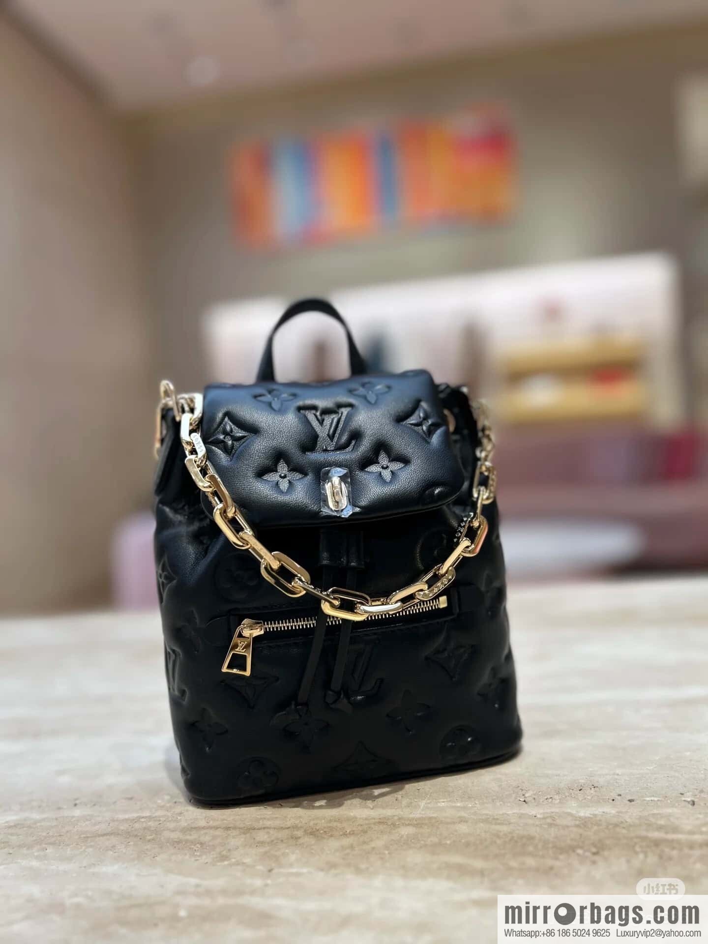 [Boutique‑grade] M13387 black, full leather embossed backpack COUSSIN BACKPACK mini handbag