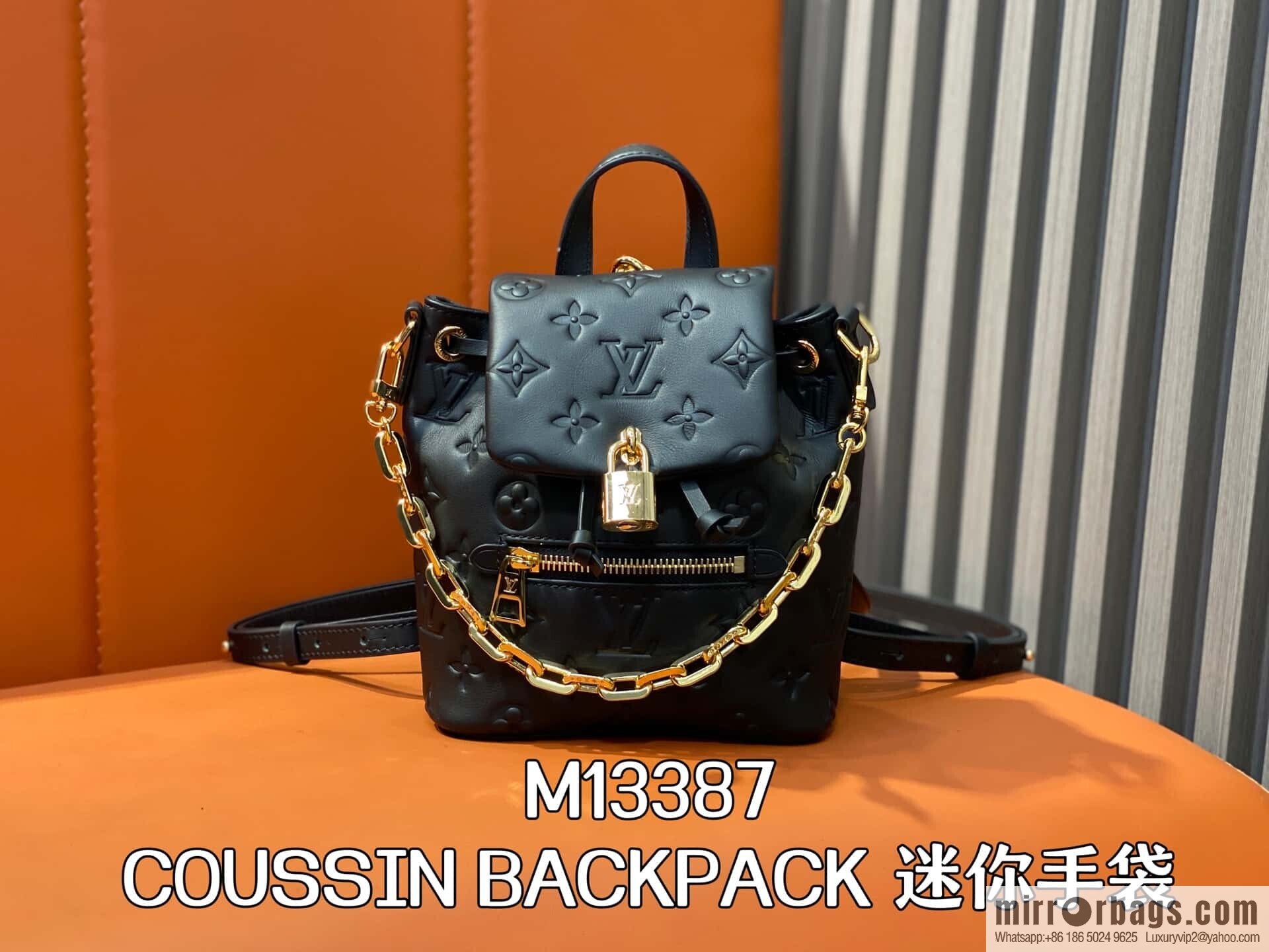 [Boutique‑grade] M13387 black, full leather embossed backpack COUSSIN BACKPACK mini handbag
