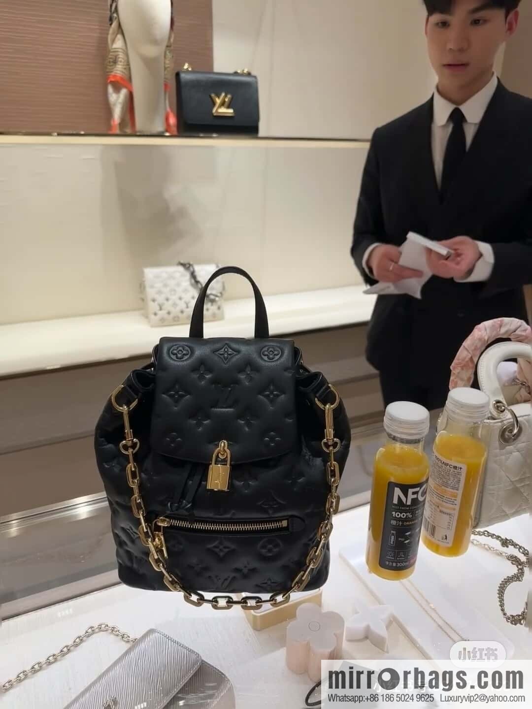 [Boutique‑grade] M13357 black, full leather embossed backpack COUSSIN BACKPACK small handbag