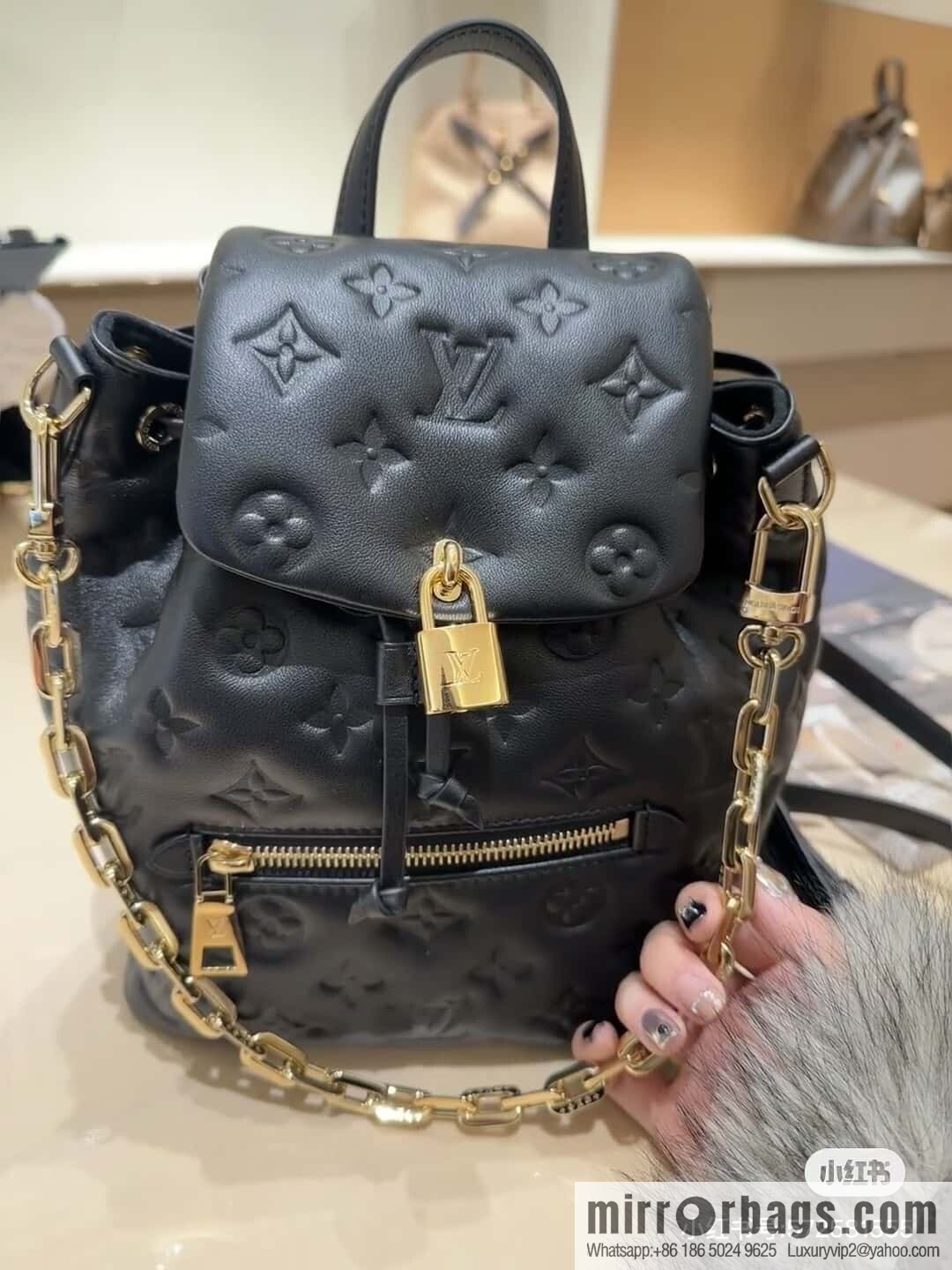 [Boutique‑grade] M13357 black, full leather embossed backpack COUSSIN BACKPACK small handbag