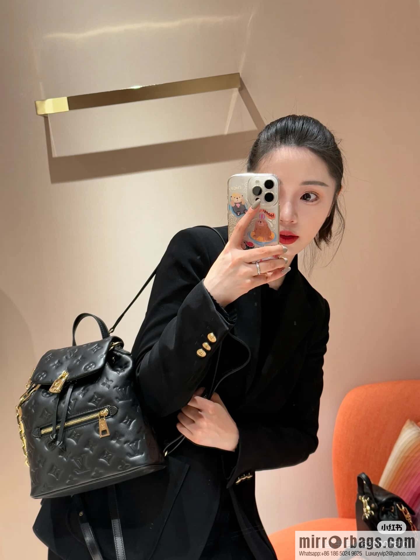[Boutique‑grade] M13357 black, full leather embossed backpack COUSSIN BACKPACK small handbag