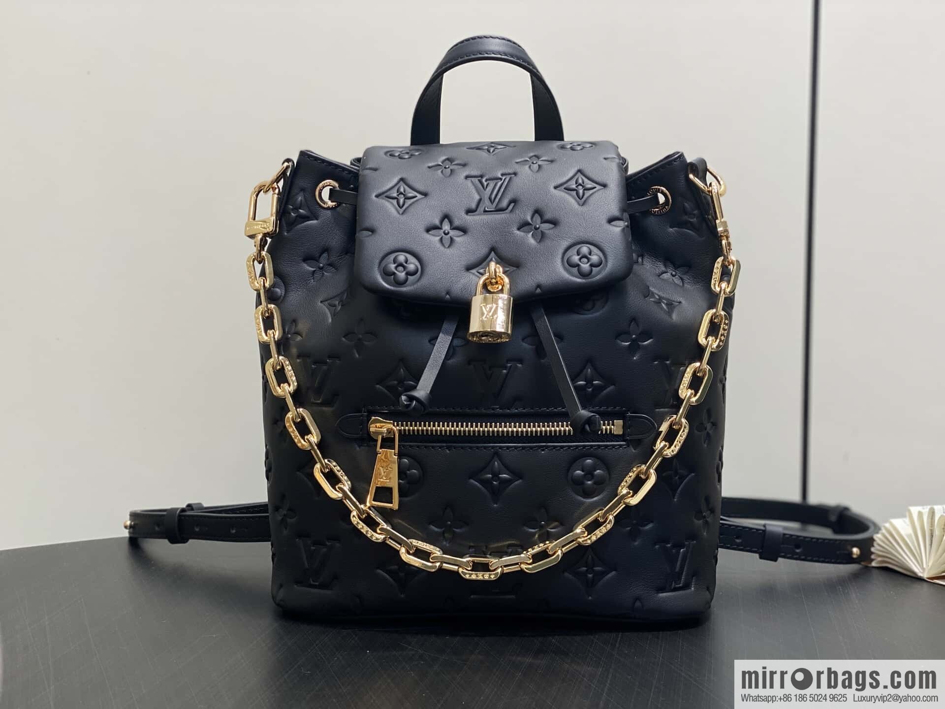 [Boutique‑grade] M13357 black, full leather embossed backpack COUSSIN BACKPACK small handbag