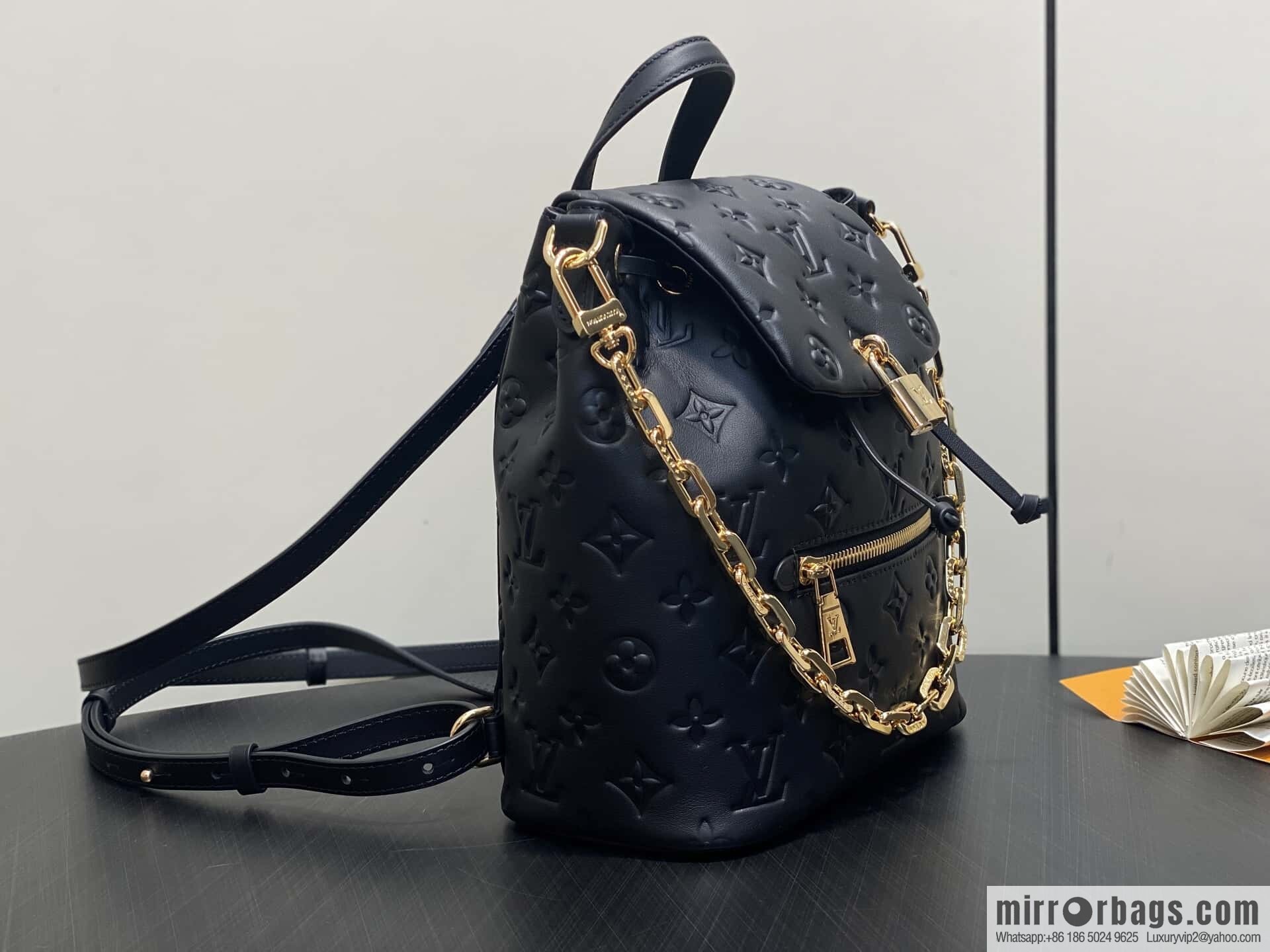 [Boutique‑grade] M13357 black, full leather embossed backpack COUSSIN BACKPACK small handbag