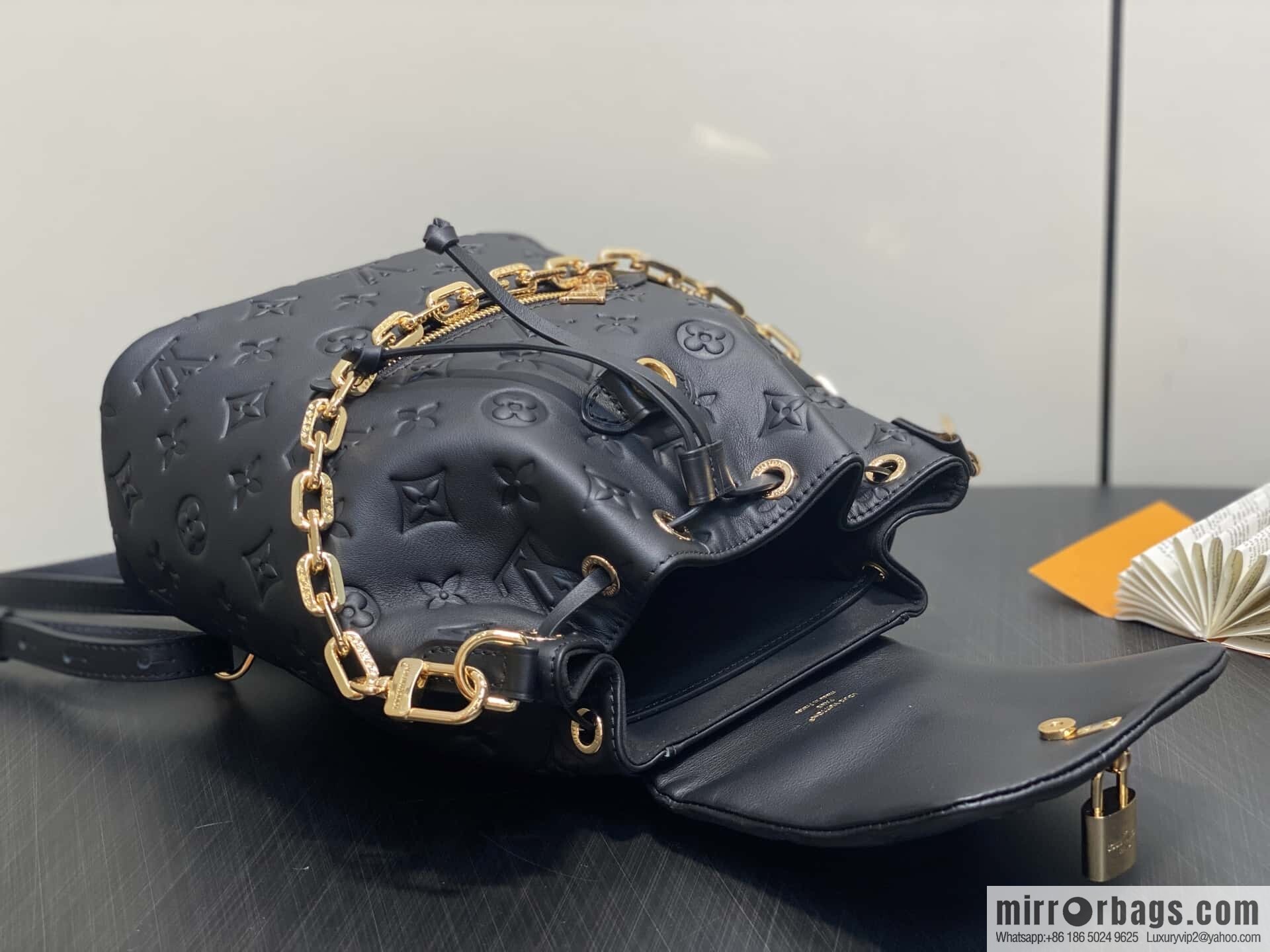 [Boutique‑grade] M13357 black, full leather embossed backpack COUSSIN BACKPACK small handbag
