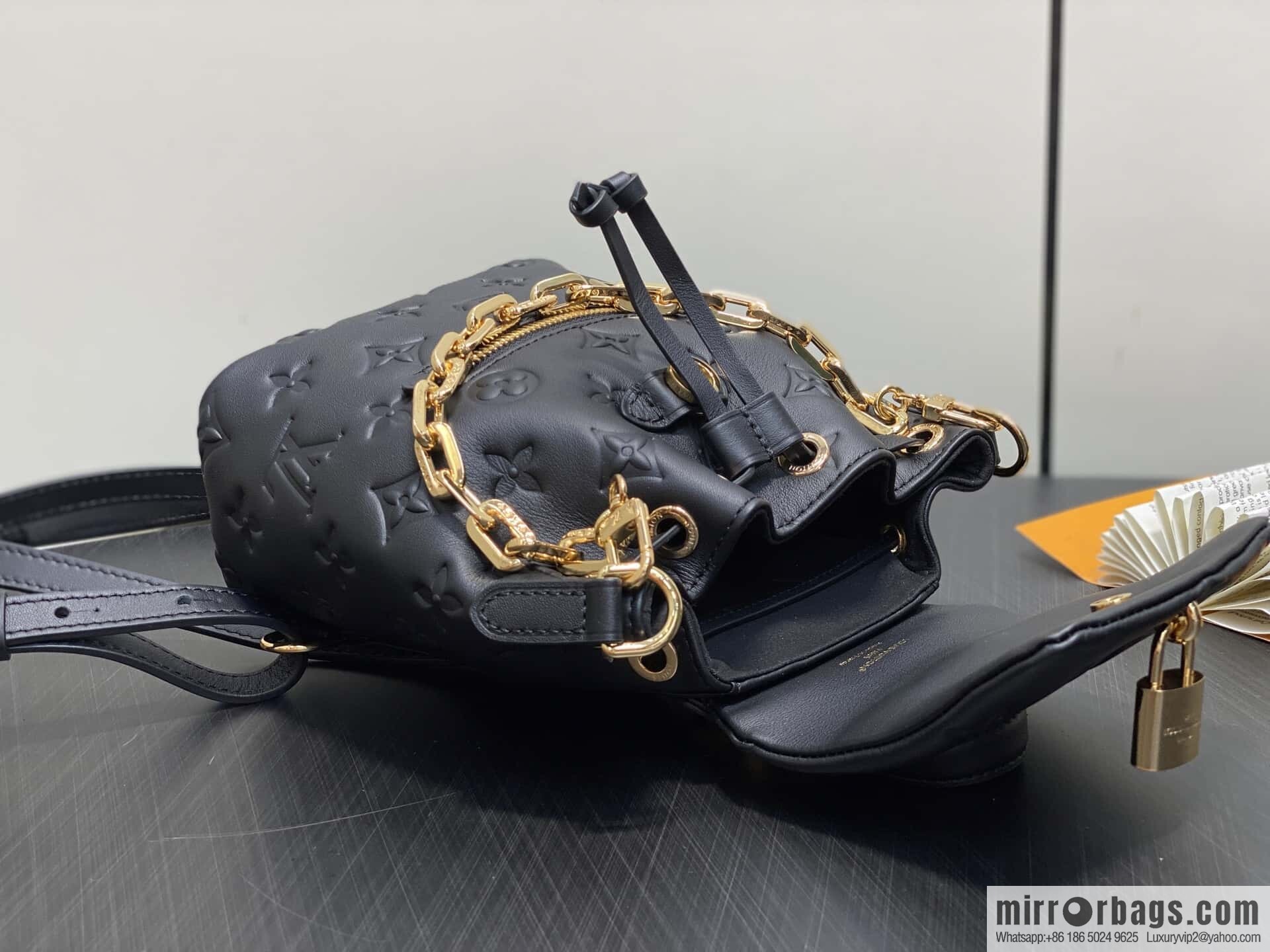[Boutique‑grade] M13387 black, full leather embossed backpack COUSSIN BACKPACK mini handbag