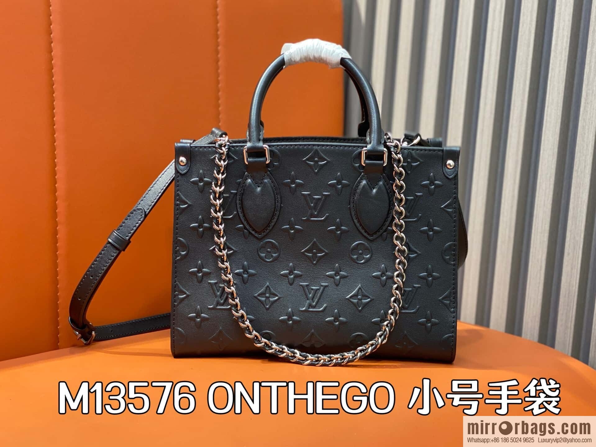 [Boutique‑grade] M13576 black, full leather square bag ONTHEGO small handbag