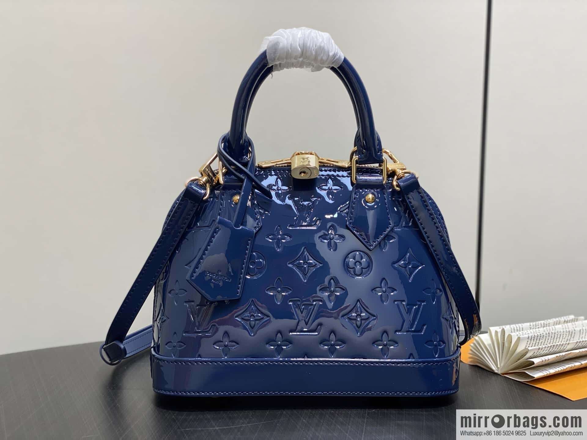 [Boutique‑grade] M13169 blue, patent leather embossed shell bag ALMA BB handbag