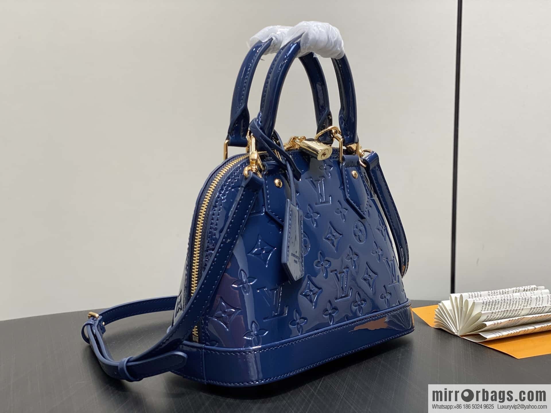 [Boutique‑grade] M13169 blue, patent leather embossed shell bag ALMA BB handbag
