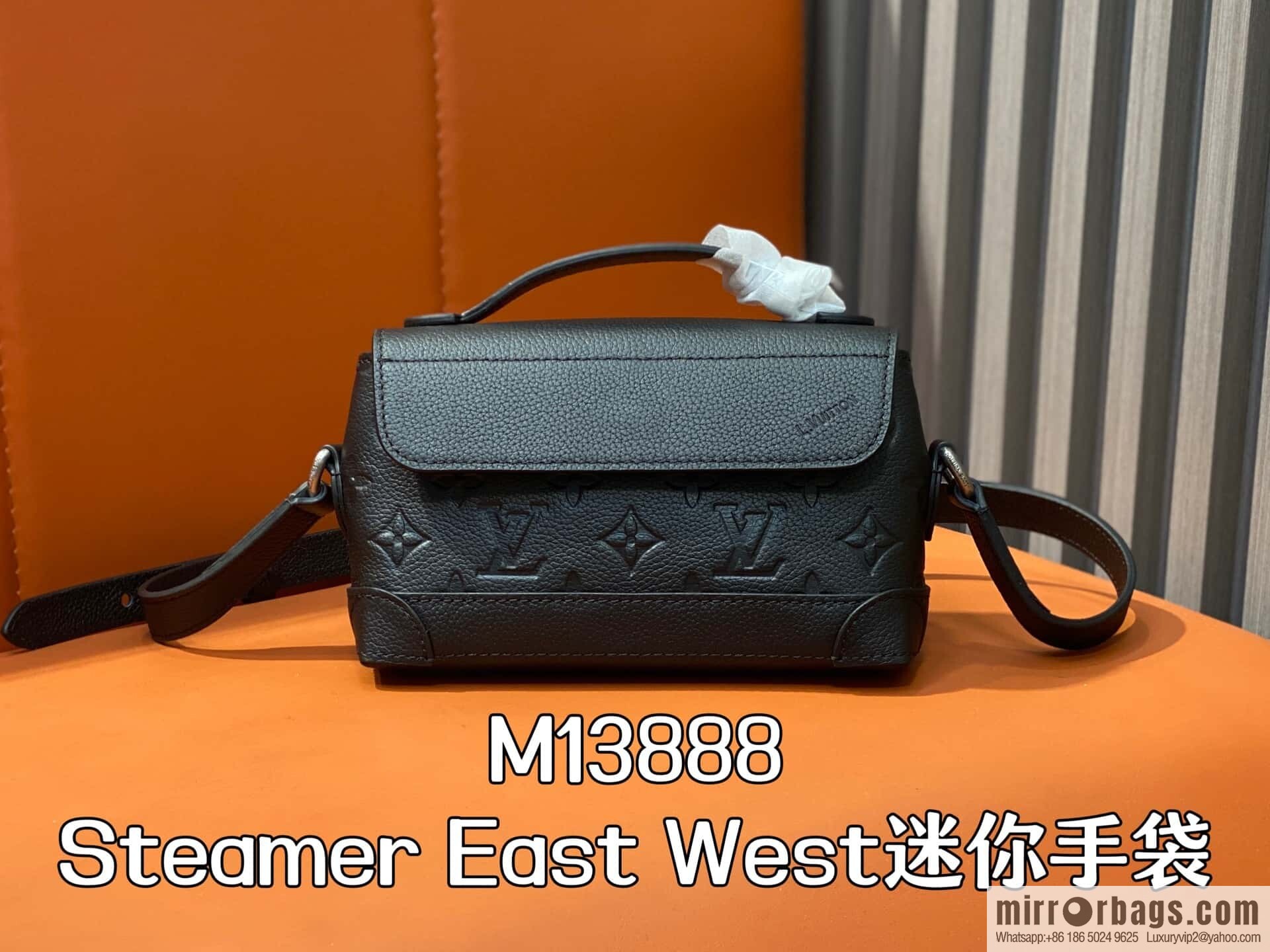[Boutique‑grade] M13888 black, full leather embossed men's bag mini messenger bag Steamer East West mini handbag