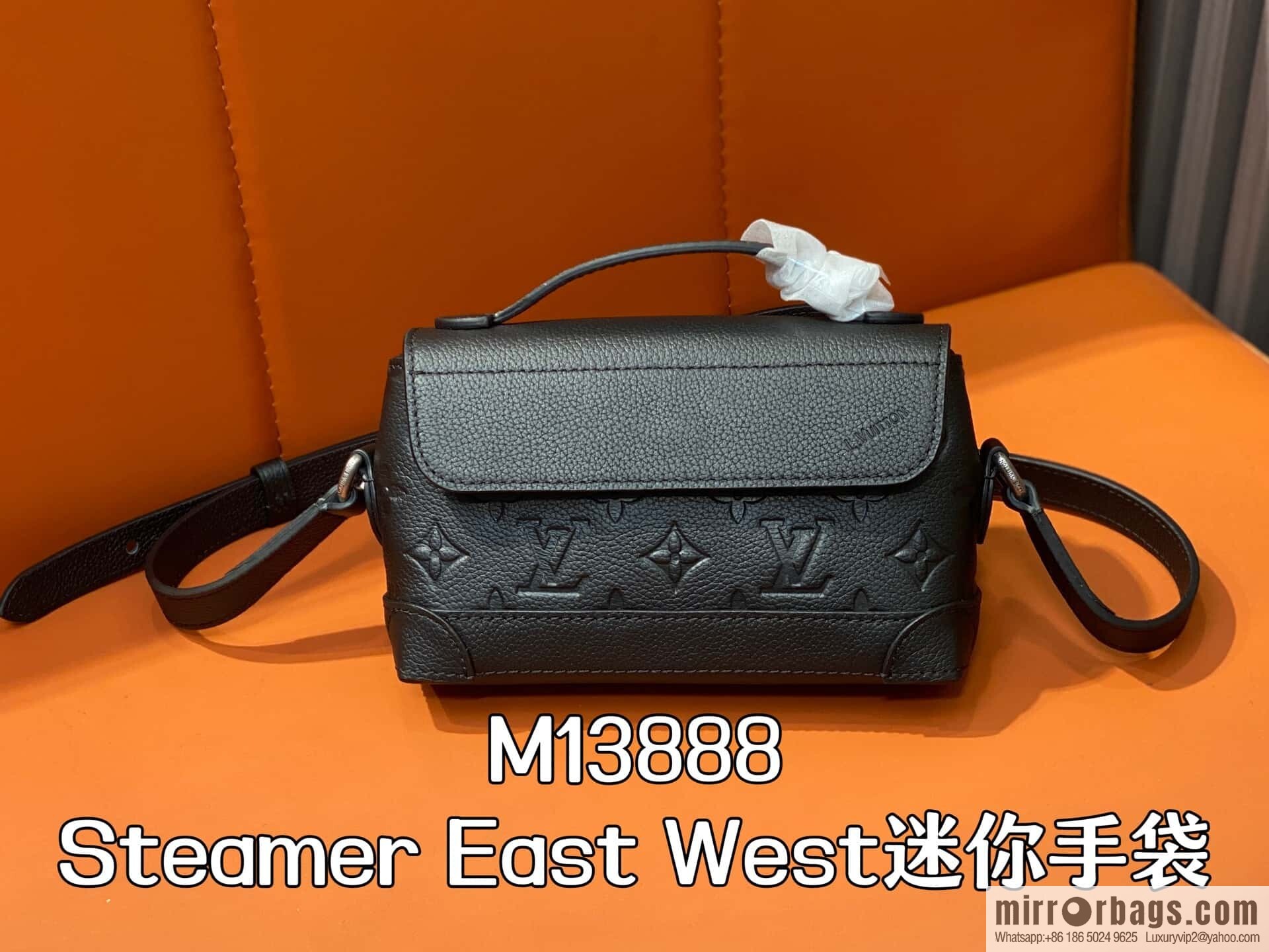 [Boutique‑grade] M13888 black, full leather embossed men's bag mini messenger bag Steamer East West mini handbag