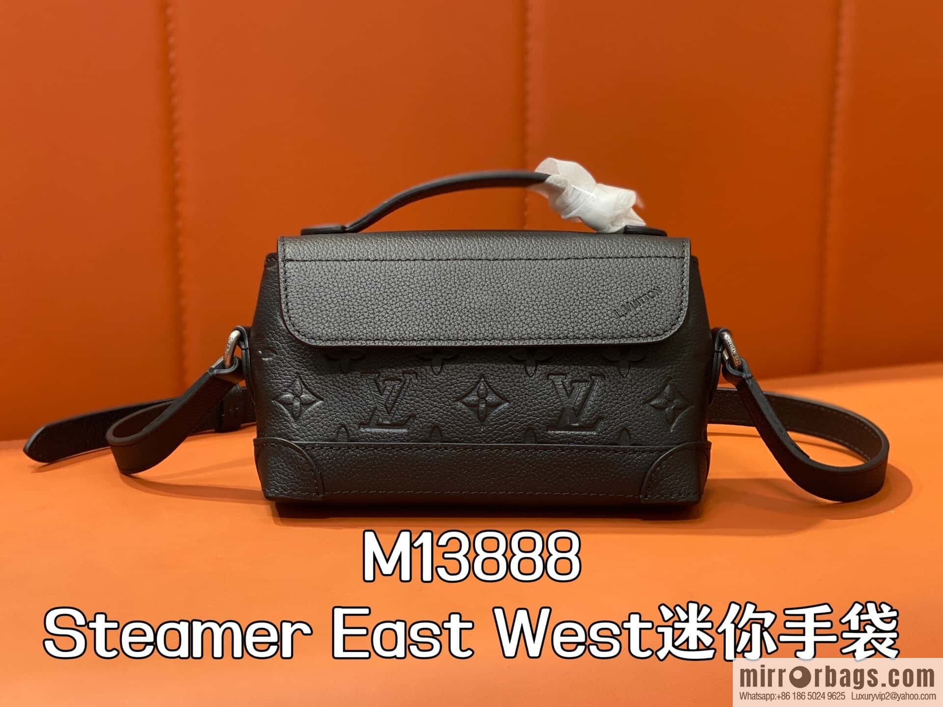 [Boutique‑grade] M13888 black, full leather embossed men's bag mini messenger bag Steamer East West mini handbag