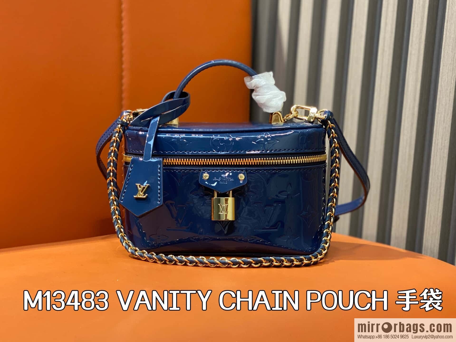 [Boutique‑grade] M13483 blue, patent leather embossed chain bag cosmetic bag VANITY CHAIN POUCH handbag
