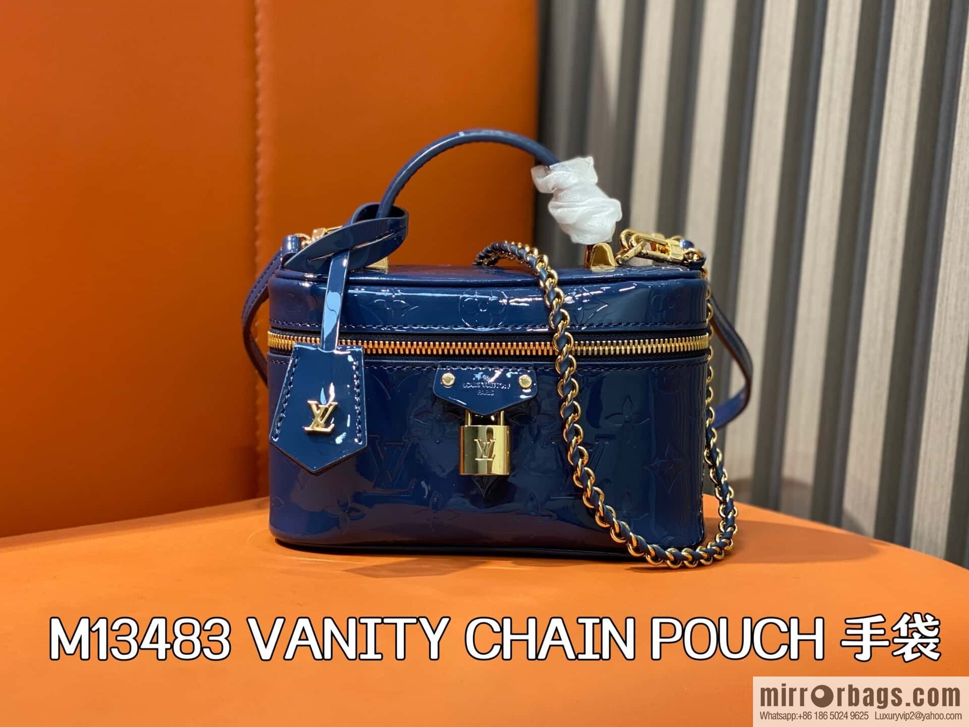 [Boutique‑grade] M13483 blue, patent leather embossed chain bag cosmetic bag VANITY CHAIN POUCH handbag