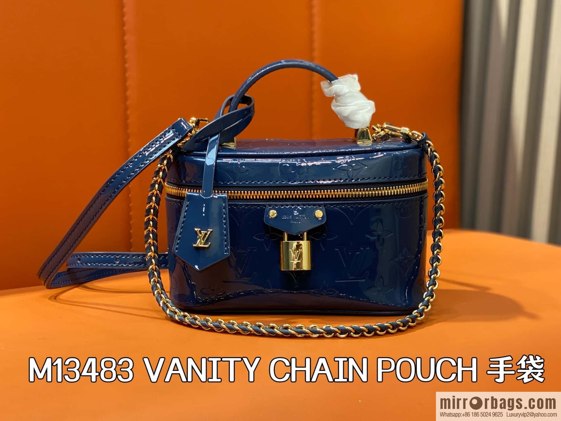 [Boutique‑grade] M13483 blue, patent leather embossed chain bag cosmetic bag VANITY CHAIN POUCH handbag