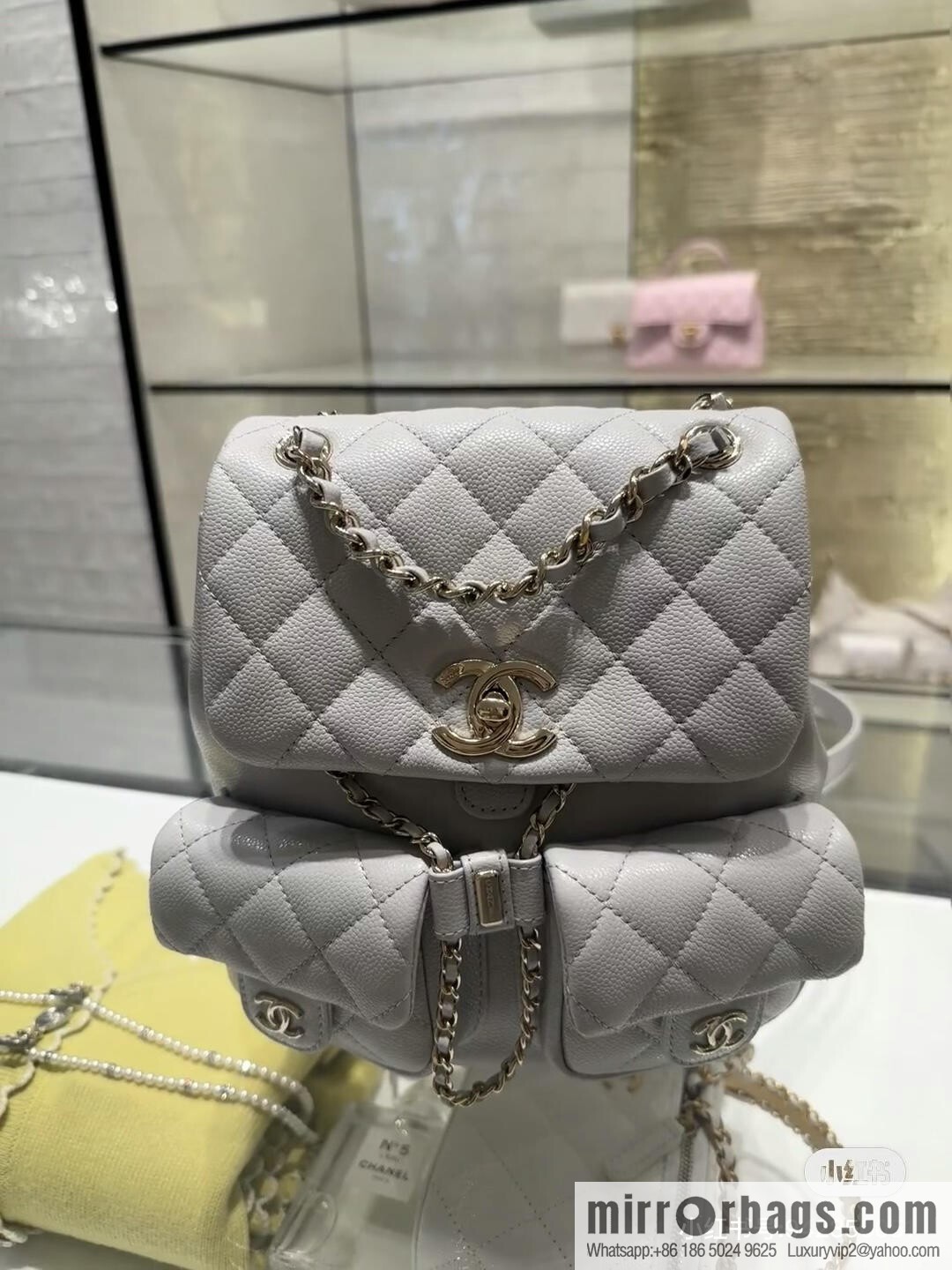 CHANEL Double Pocket Frog ๐ธ Retro Backpack, Light Grey, Medium AS3860