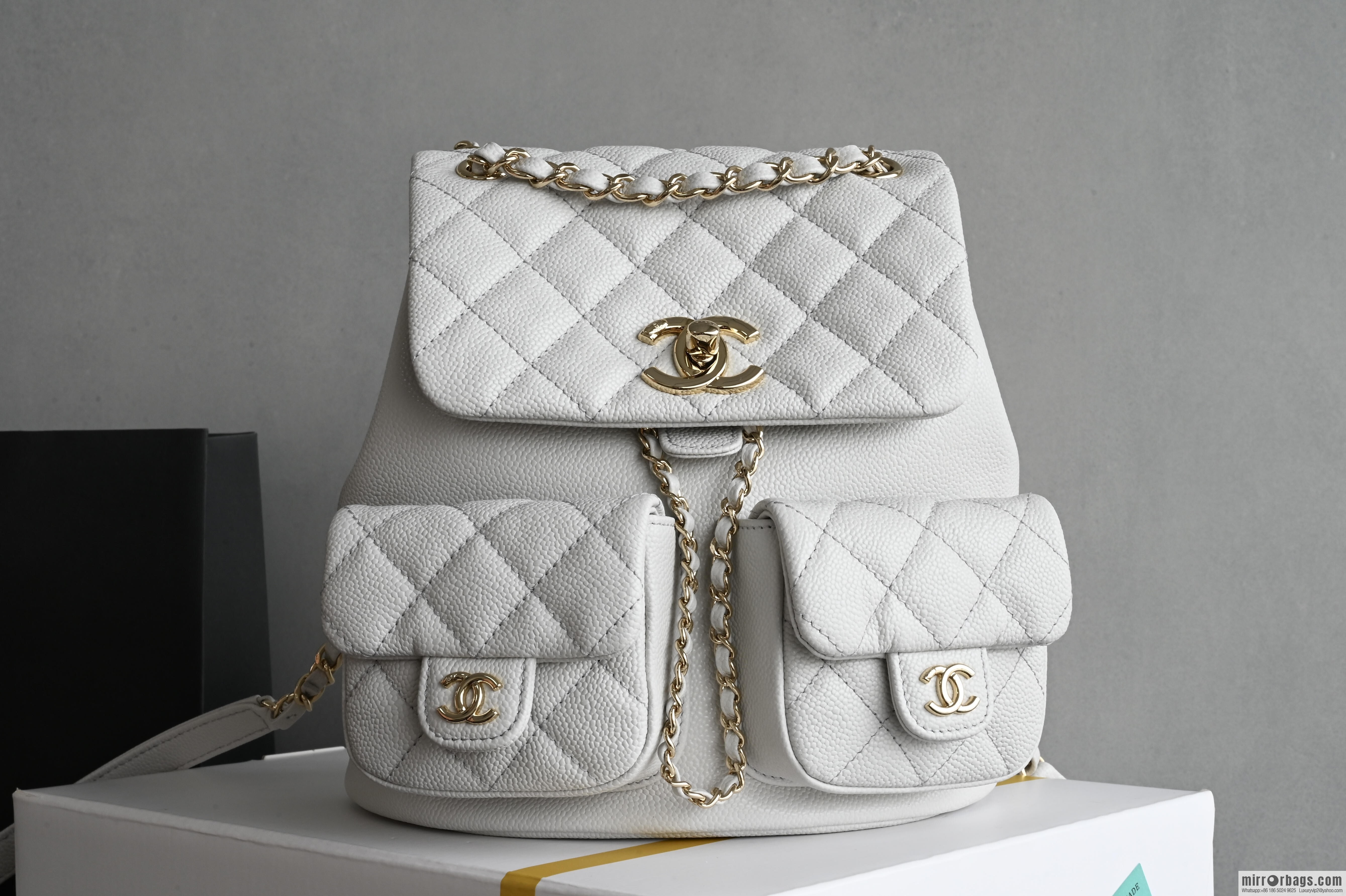 CHANEL Double Pocket Frog ๐ธ Retro Backpack, Light Grey, Medium AS3860