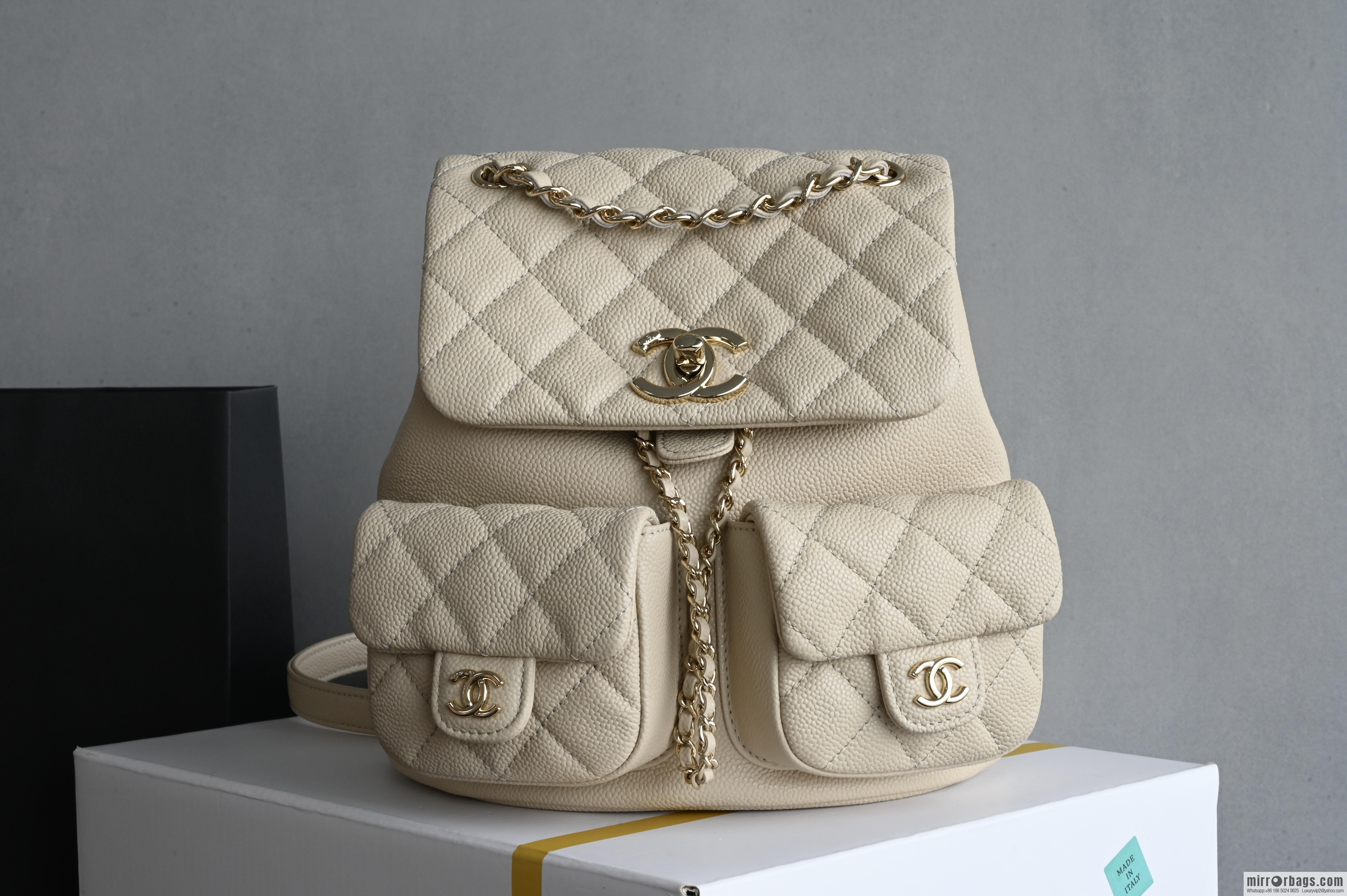 CHANEL Double Pocket Frog ๐ธ Retro Backpack, Light Apricot, Medium AS3860
